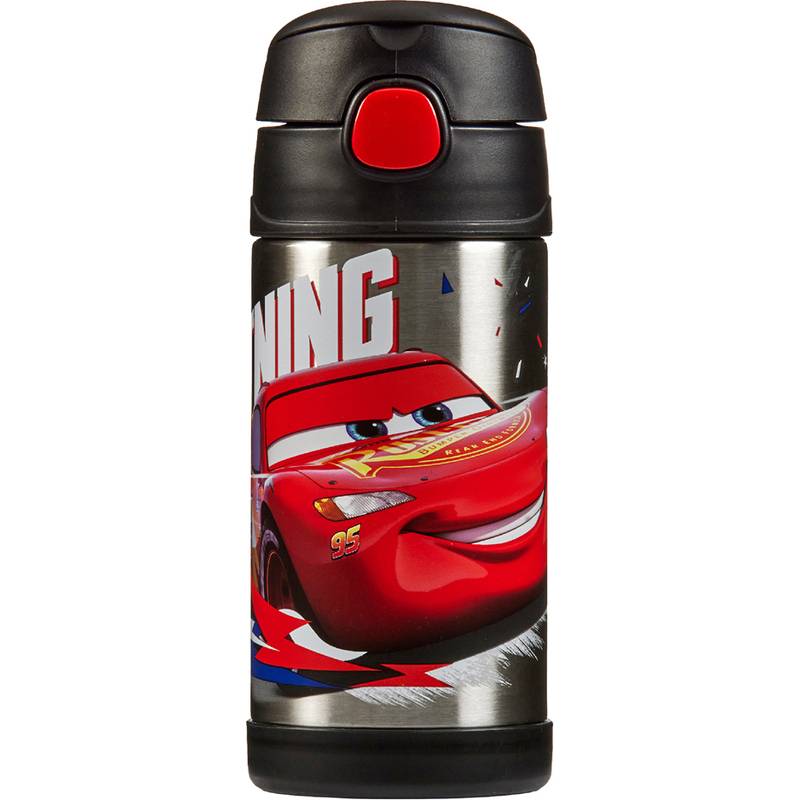 Eine Edelstahlflasche mit einer auffälligen roten Rennwagen-Grafik und dem Wort ‚Lightning' auf einem silbernen Hintergrund.