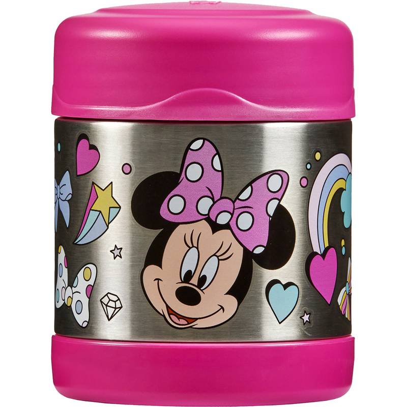 Ein rosa und silberner Behälter, verziert mit einem Cartoon-Mäusegesicht mit einer Polka-Dot-Schleife, Herzen, Sternen und bunten Formen.