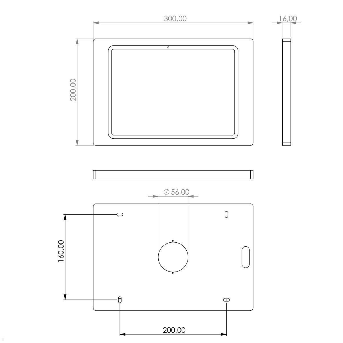 Technische Zeichnung eines rechteckigen Objekts, 300 mm x 200 mm, mit einer zentrierten kreisförmigen Details von 56 mm Durchmesser. Ansichten umfassen Vorder-, Seiten- und Draufsicht.