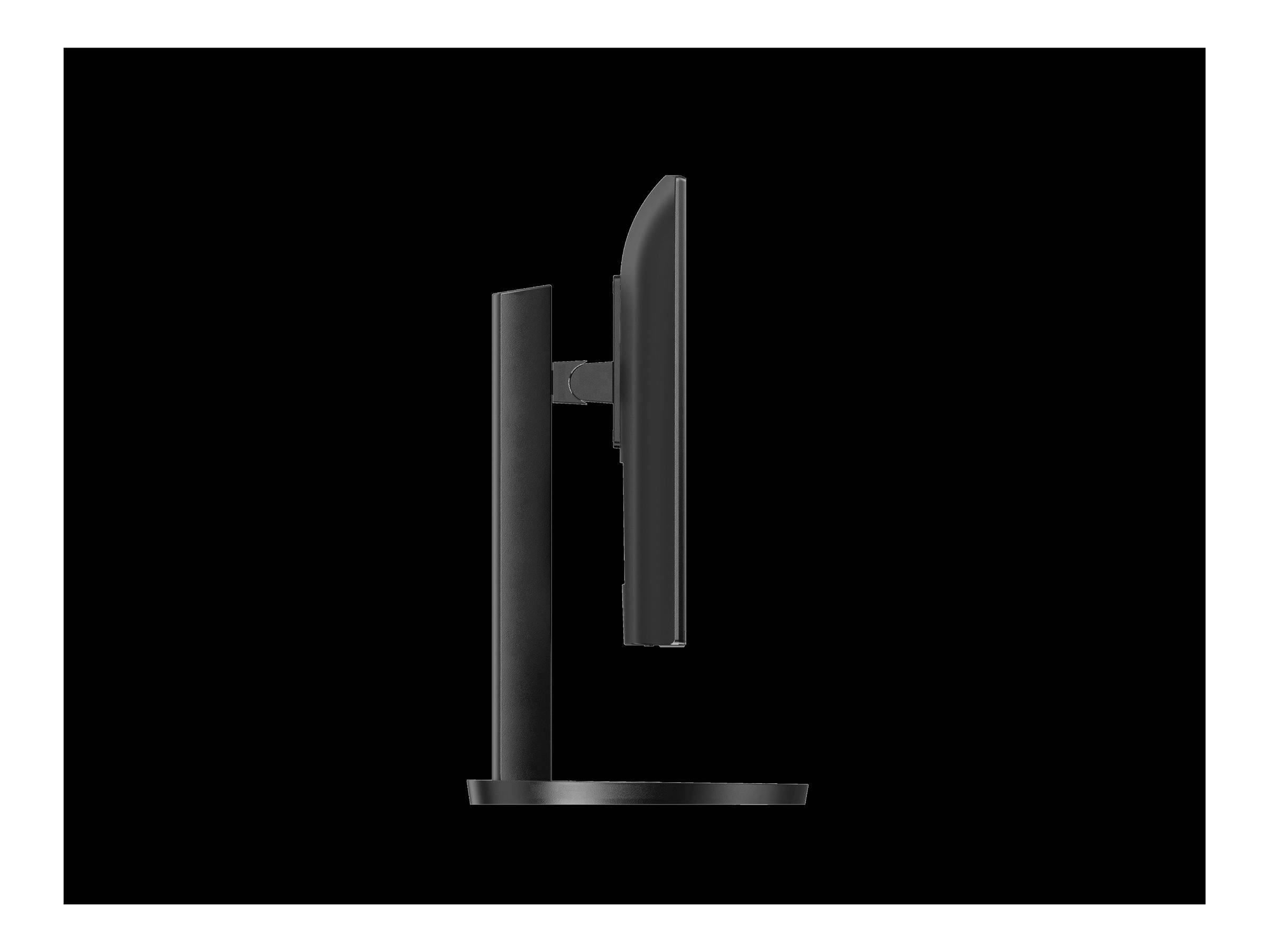 Seitenansicht eines schwarzen Desktop-Monitors auf einem Ständer vor schwarzem Hintergrund.