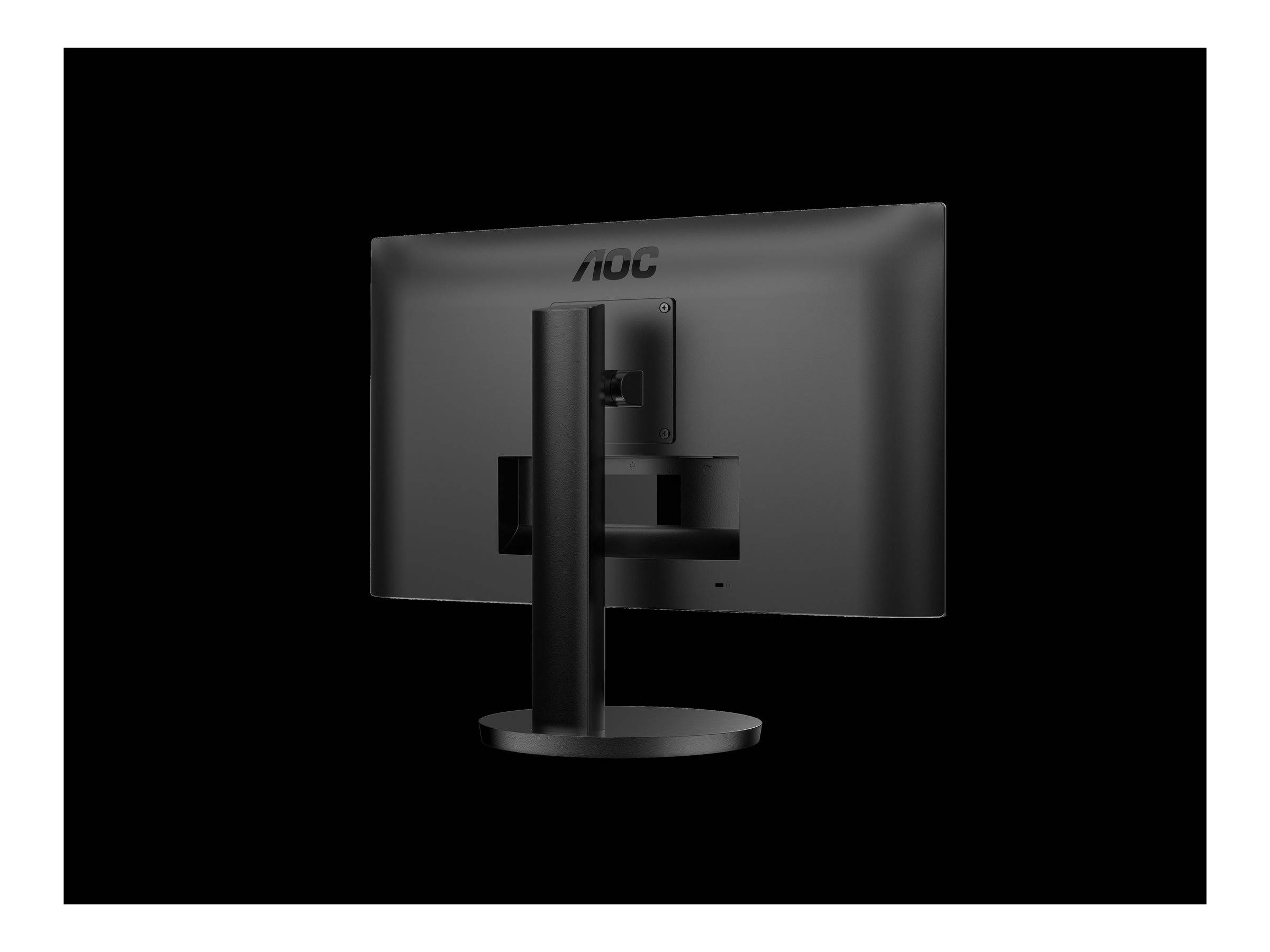 Rückansicht eines AOC-Computermonitors auf einem Ständer vor schwarzem Hintergrund.