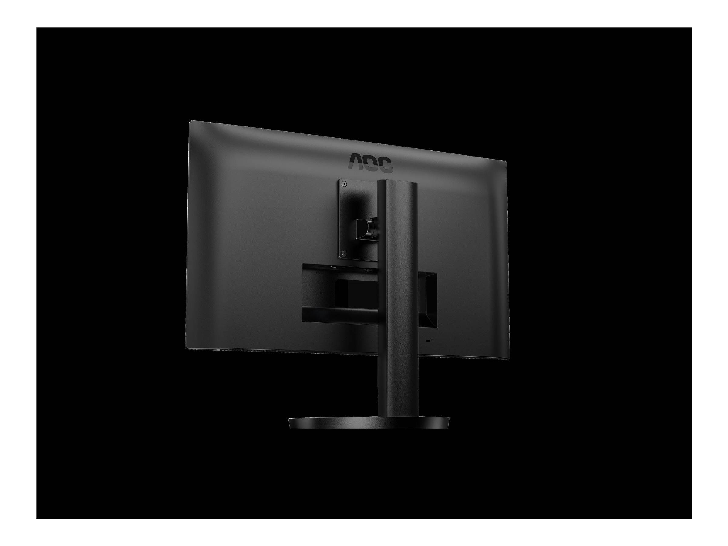 Rückansicht eines schwarzen AOC-Computermonitors auf einem Ständer vor schwarzem Hintergrund.
