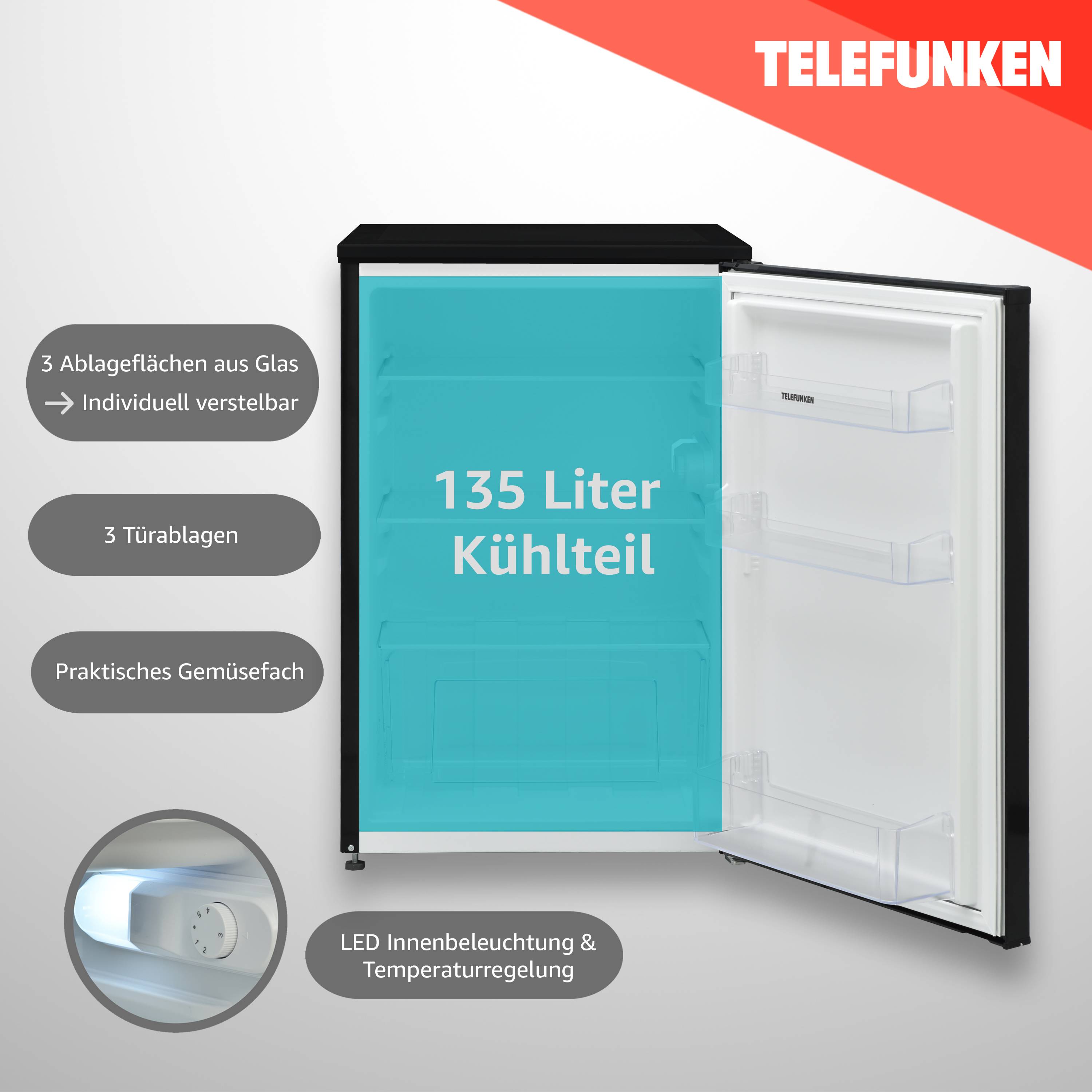 TELEFUNKEN C-135-100 Kühlschrank ohne Gefrierfach | Freistehend | 135 Liter | Kühlschrank klein | LED-Beleuchtung