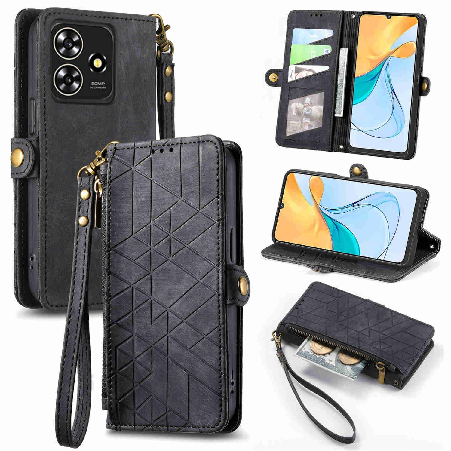 Für ZTE Blade A73 4G Kunstleder Zipper Wallet Tasche mit Schlaufe Schutz Hülle Case Cover Schwarz