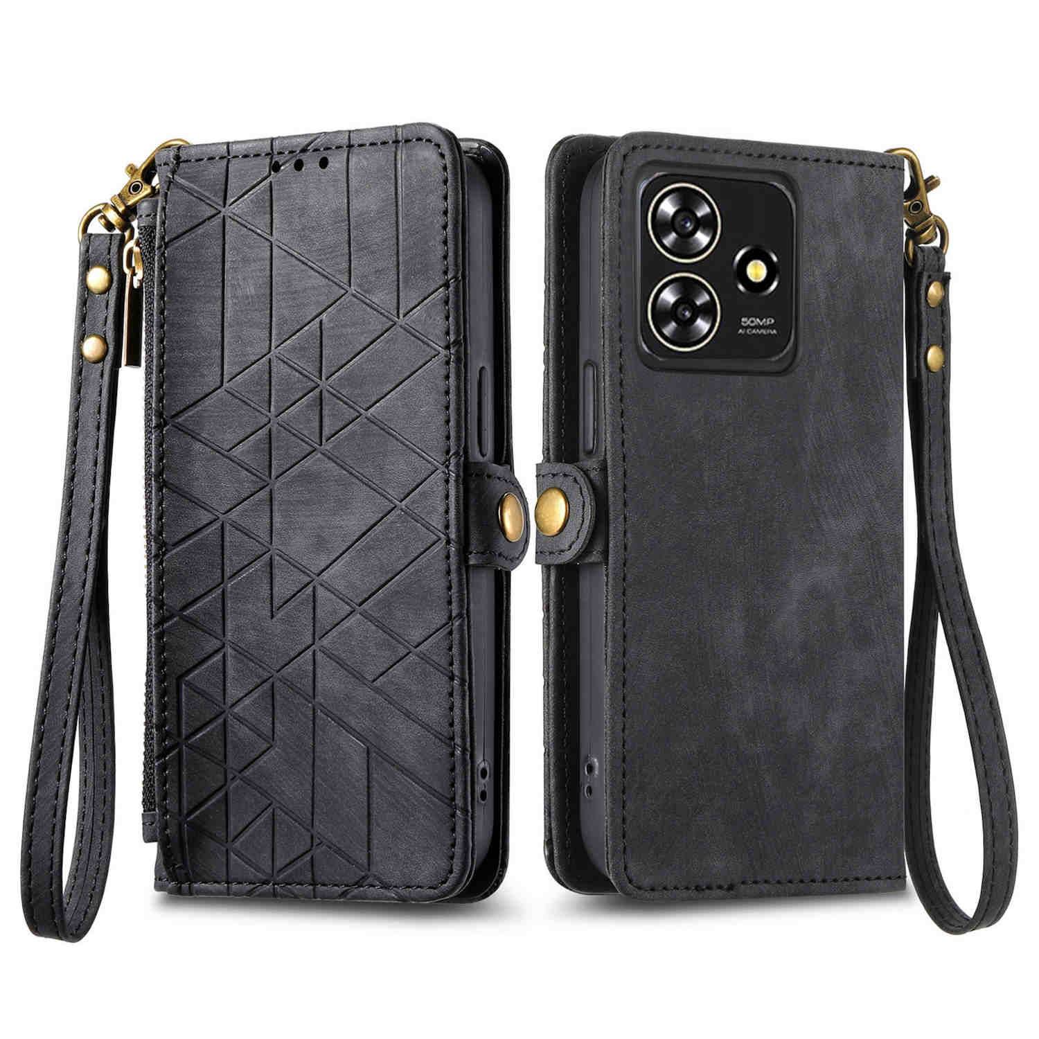 Für ZTE Blade A73 4G Kunstleder Zipper Wallet Tasche mit Schlaufe Schutz Hülle Case Cover Schwarz