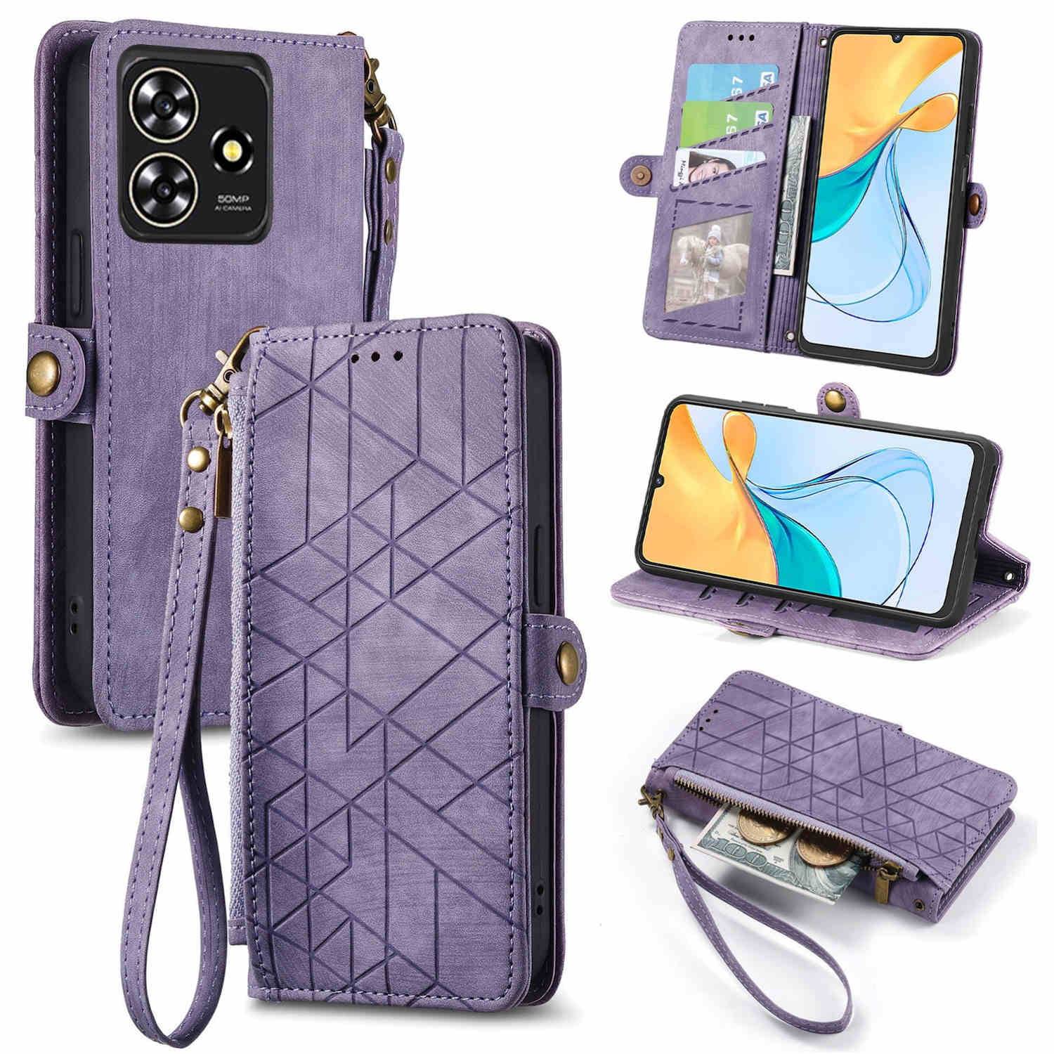 Für ZTE Blade A73 4G Kunstleder Zipper Wallet Tasche mit Schlaufe Schutz Hülle Case Cover Lila