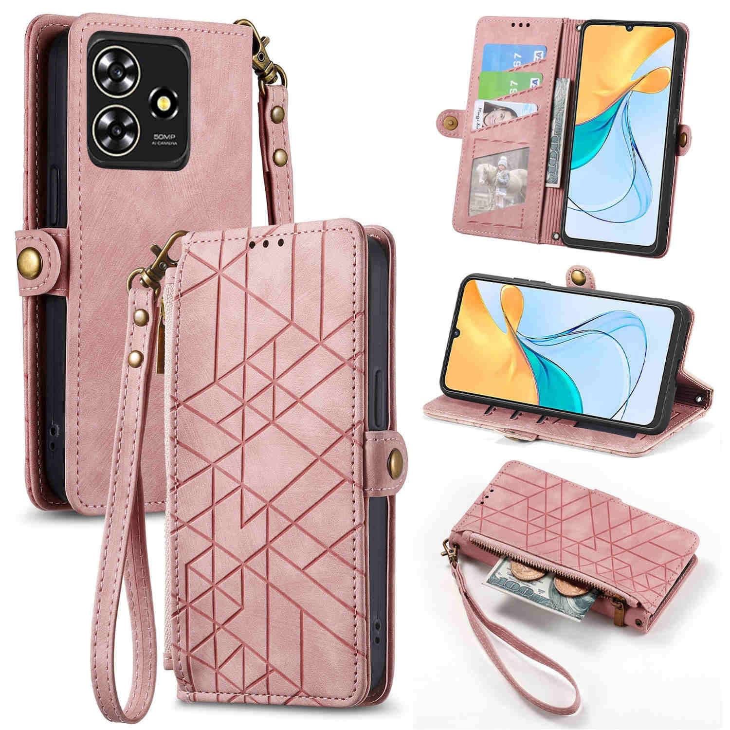 Für ZTE Blade A73 4G Kunstleder Zipper Wallet Tasche mit Schlaufe Schutz Hülle Case Cover Rosa