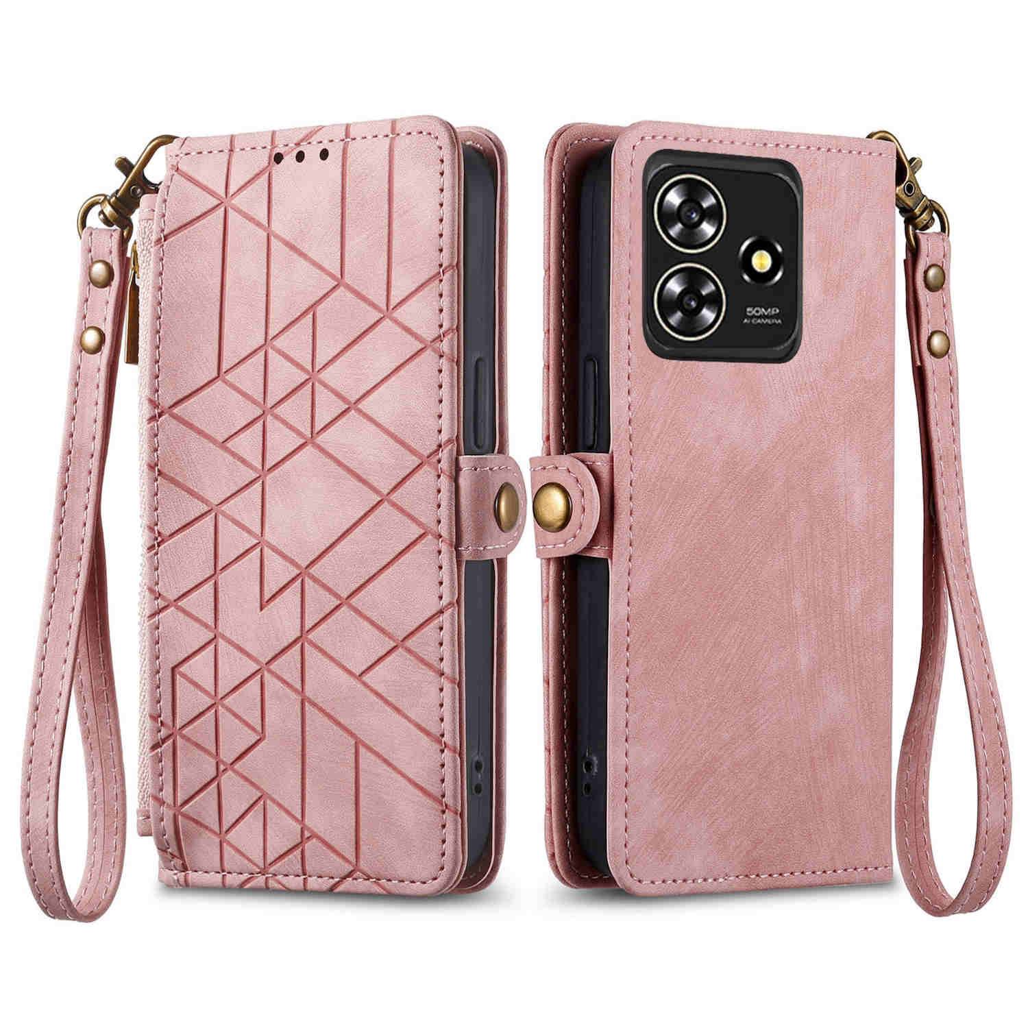 Für ZTE Blade A73 4G Kunstleder Zipper Wallet Tasche mit Schlaufe Schutz Hülle Case Cover Rosa