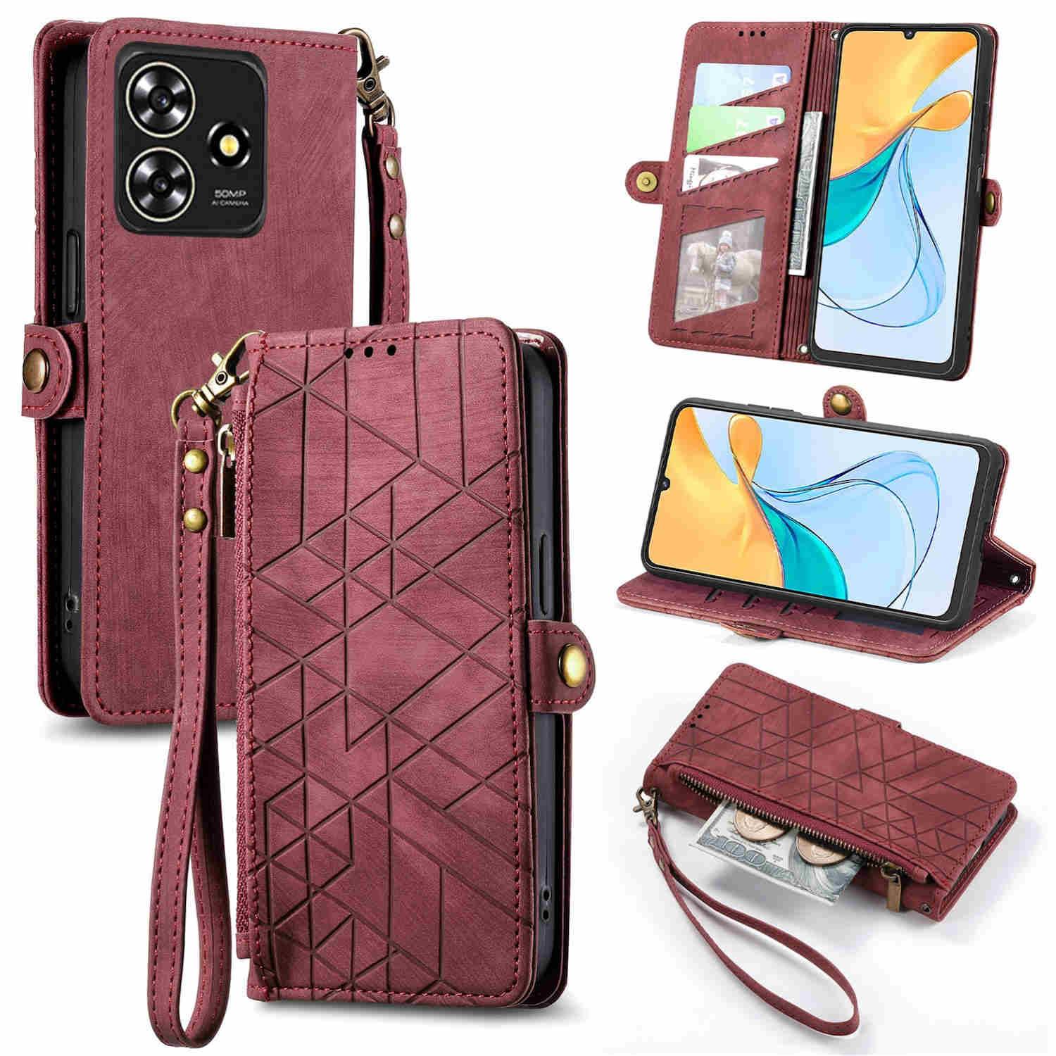 Für ZTE Blade A73 4G Kunstleder Zipper Wallet Tasche mit Schlaufe Schutz Hülle Case Cover Braun