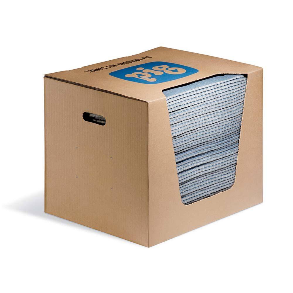 Kartonbox mit gestapelten Ordnern, mit ausgestanztem Griff und blauem Etikett auf der Oberseite.