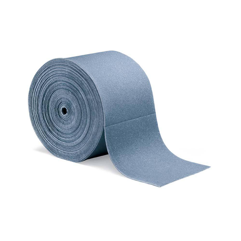 Eine Rolle aus blauem Schleifpapier, das sich auf weißem Hintergrund abwickelt.