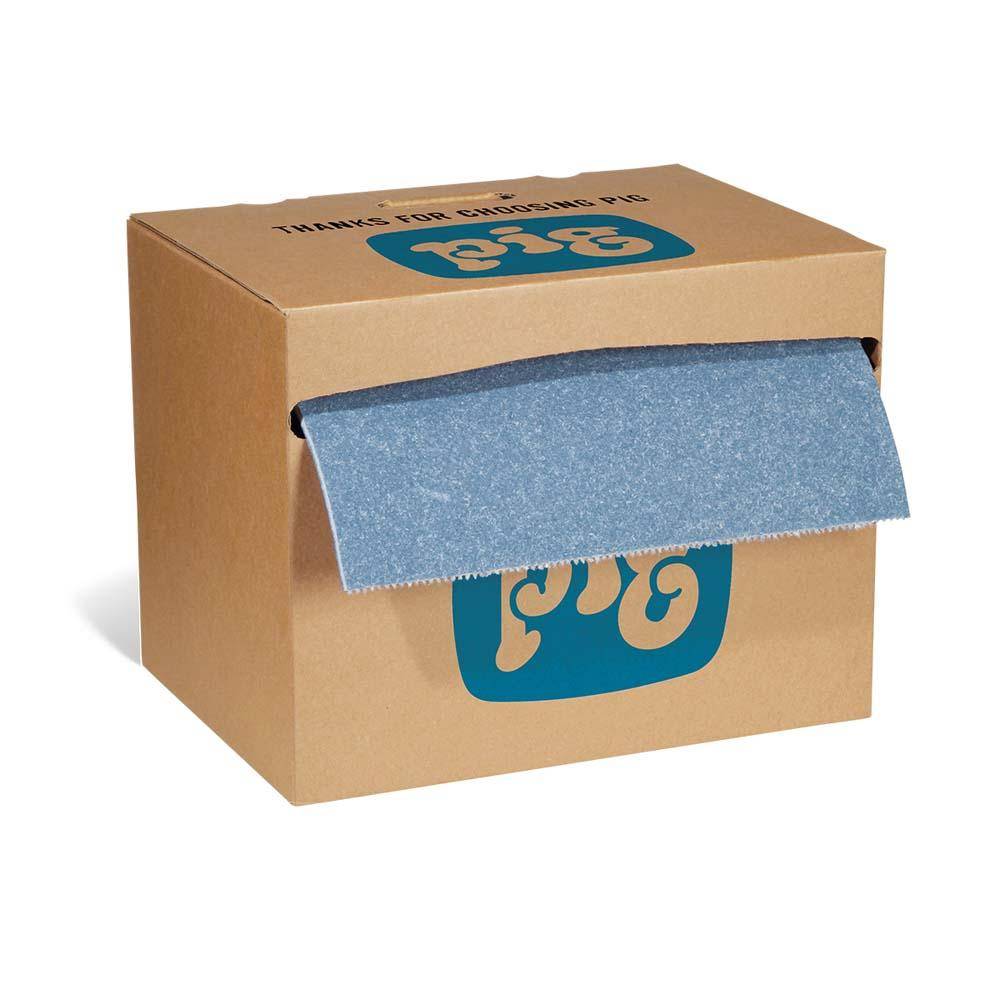 Papierrollenspender aus Pappe mit einer blauen Papierrolle und „THANKS FOR CHOOSING PIG