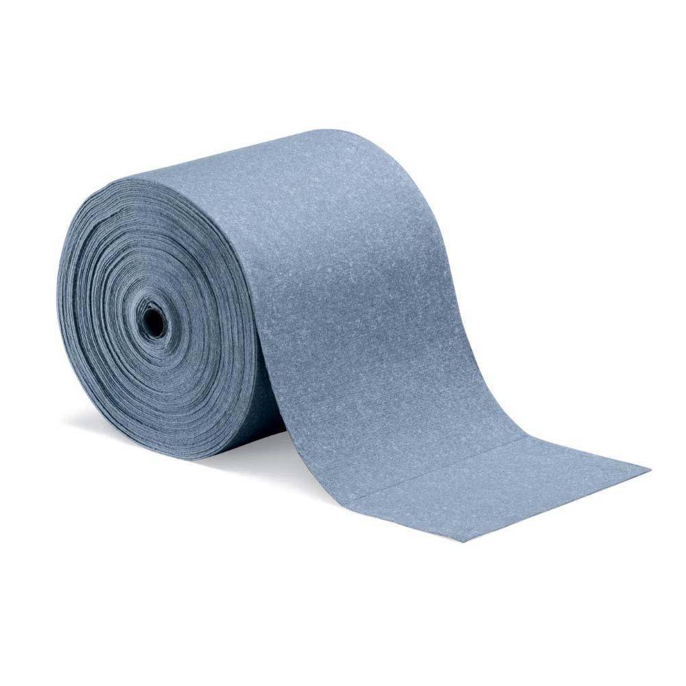 Rolle aus blaugrauem Schleifpapier, das auf weißem Hintergrund abgerollt ist.