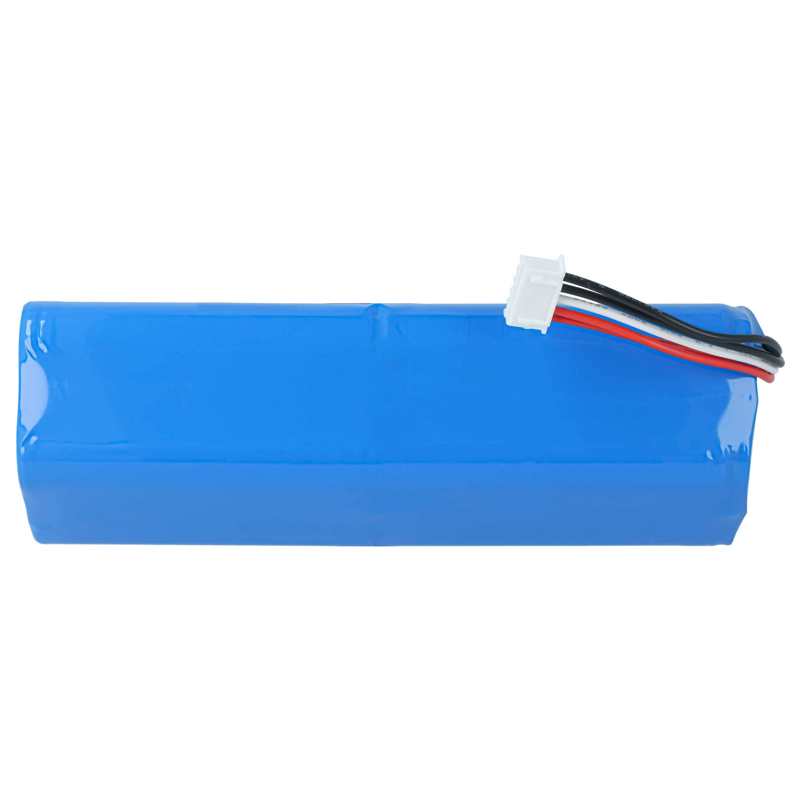 Blauer zylindrischer wiederaufladbarer Batteriepack mit angebrachtem weißem Stecker und roten, schwarzen und weißen Drähten auf weißem Hintergrund