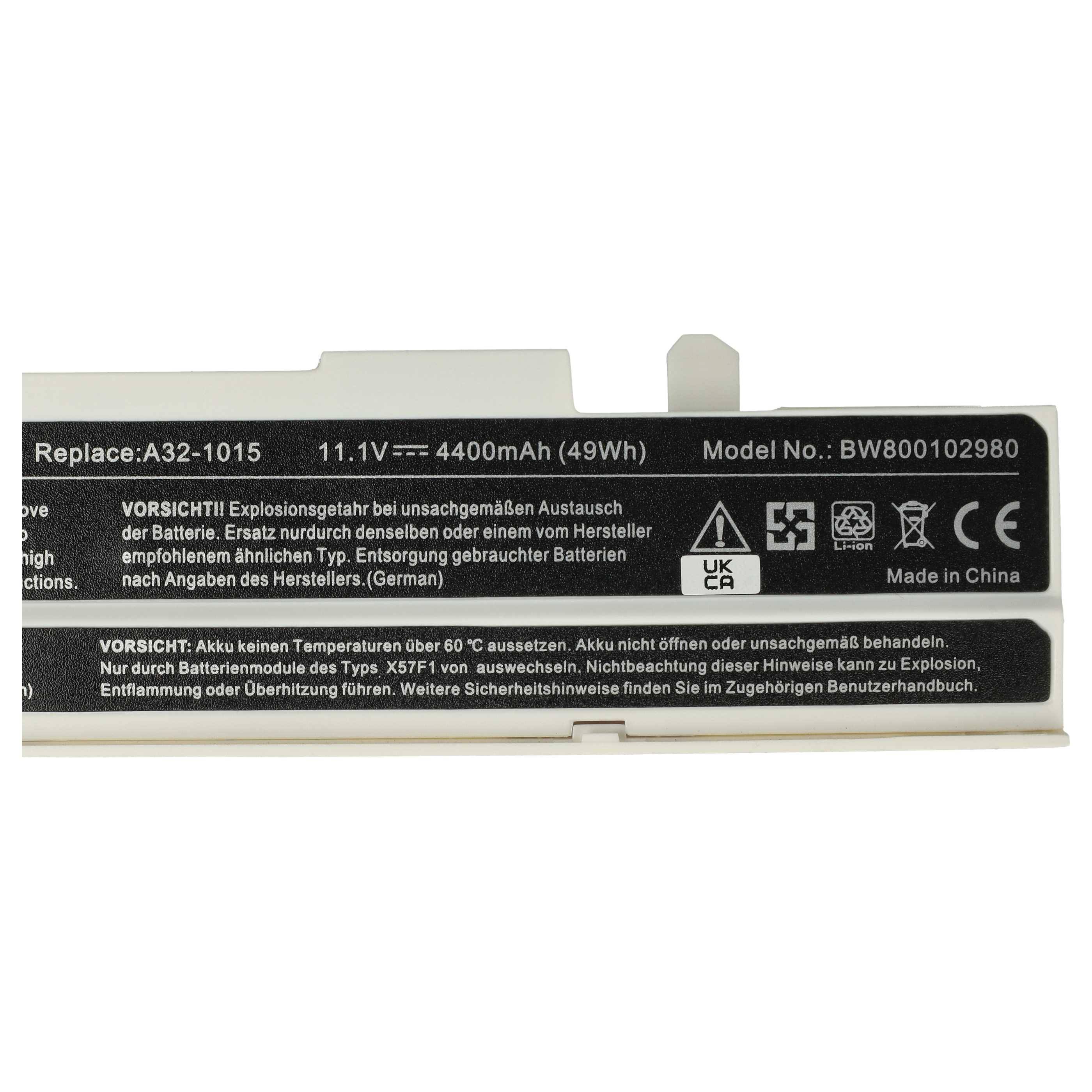 vhbw 1x Akku Ersatz für Asus A32-1015, PL32-1015, AL31-1015, A31-1015 für Notebook (4400 mAh, 11,1 V, Li-Ion) - weiß