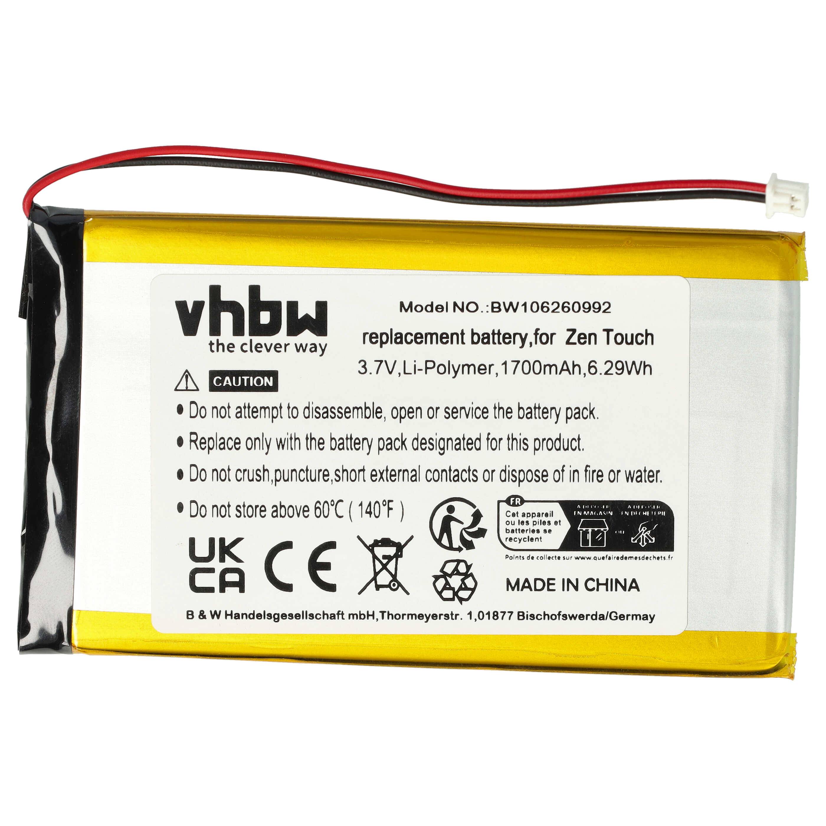 vhbw Akku Ersatz für Creative DAP-HD0014, DAA-BA0004 für MP3-Player Musik Player (1700 mAh, 3,7 V, Li-Polymer)