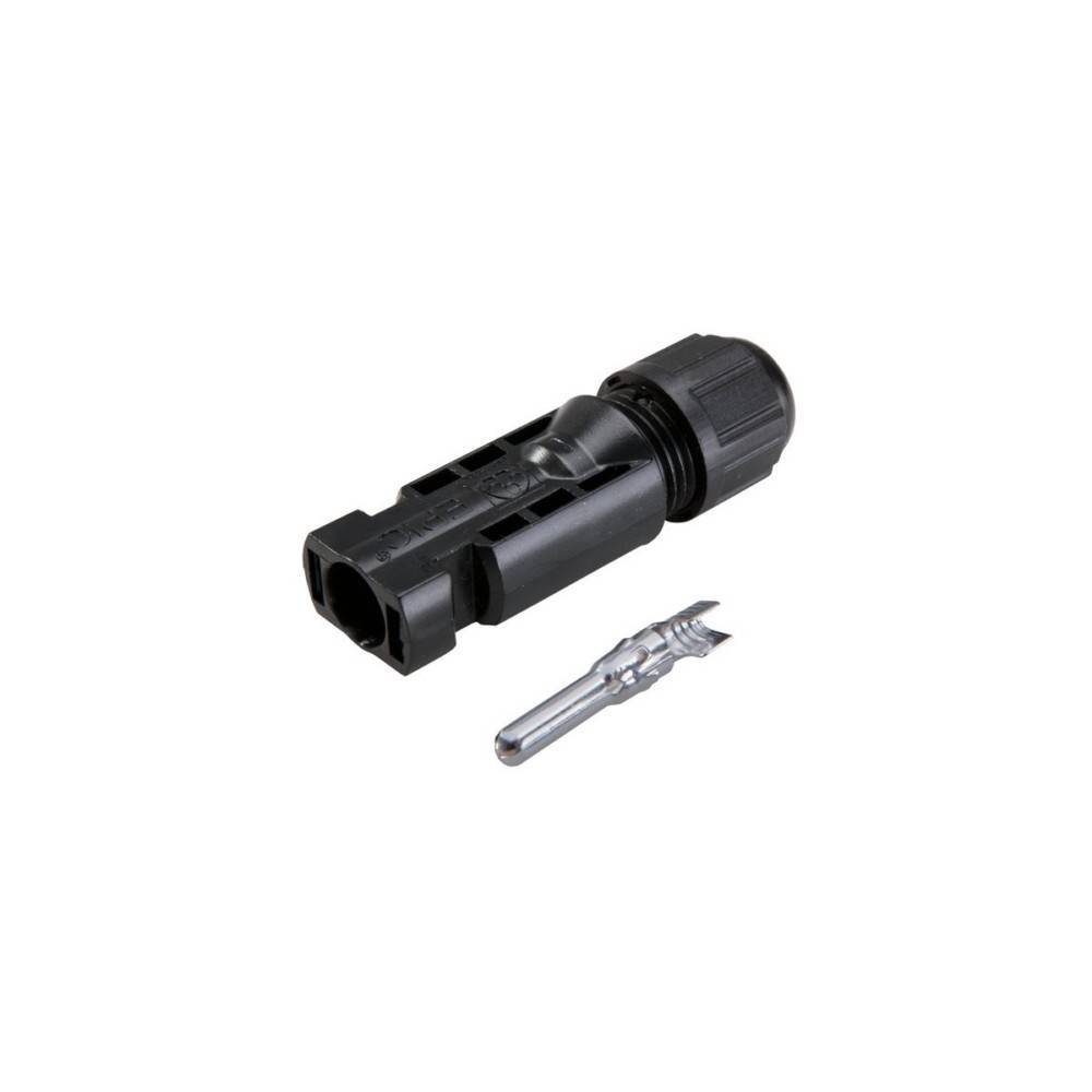 Ein schwarzer MC4-Solarstecker mit einer begleitenden Metallstift, entwickelt zum Verbinden von Solarmodulen in Photovoltaikanlagen.