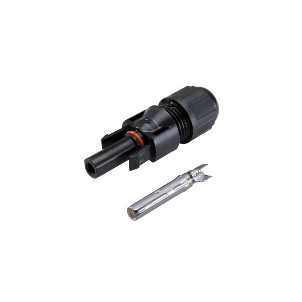 Ein schwarzer Solar-MC4-Stecker und ein metallischer Anschluss-Pin sind abgebildet. Der Stecker wird zum Verbinden von Solarmodulen verwendet.