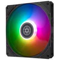 RGB-beleuchteter Computer-Kühlüfter mit schwarzem quadratischem Rahmen und mehrfarbiger Blattbeleuchtung.