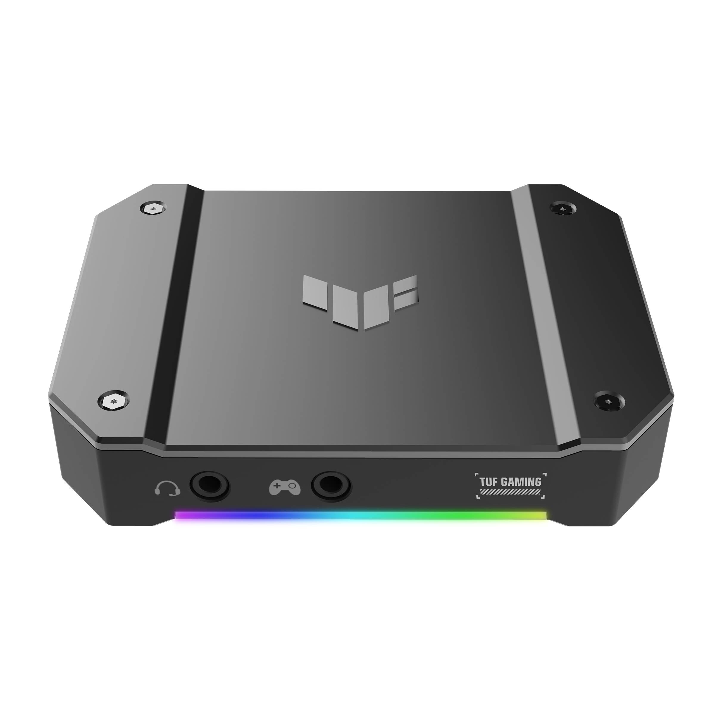 Schwarzer ASUS TUF Gaming Mini-PC mit vorderen Kopfhörer- und Mikrofon-Buchsen, Gamepad-Symbol und RGB-Leuchtstreifen an der unteren Kante.