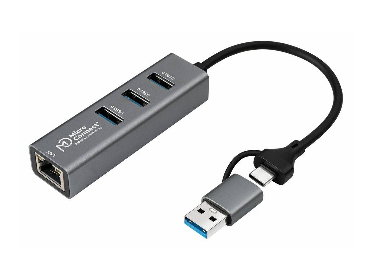 MicroConnect - Hub - 3 x USB 3.2 Gen 1 + 1 x 1 Gigabit Ethernet
