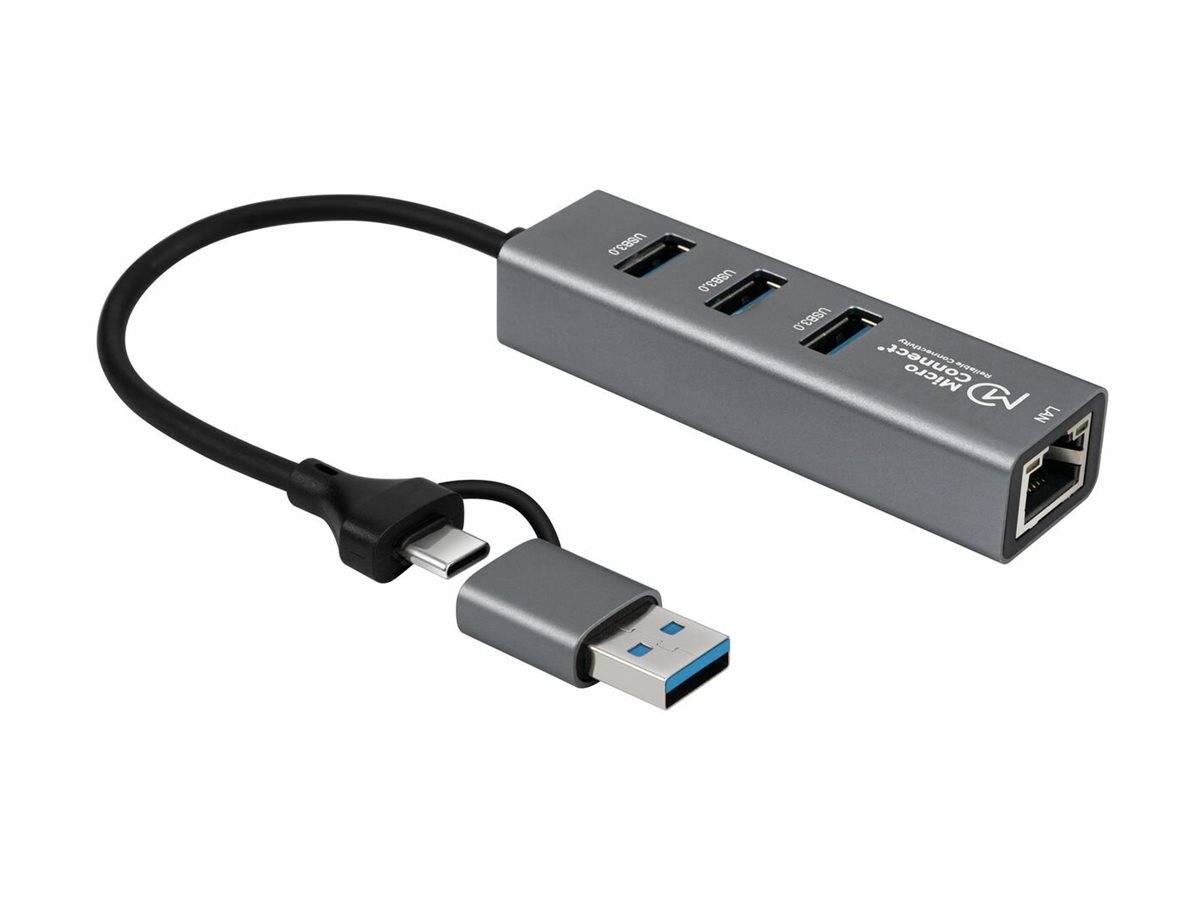 MicroConnect - Hub - 3 x USB 3.2 Gen 1 + 1 x 1 Gigabit Ethernet