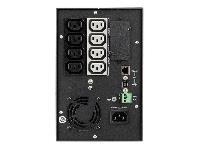 Rückseite eines Stromversorgungsgeräts mit mehreren AC-Anschlüssen, Lüftungsöffnung, Stromeinggang und RS232/RPO-Anschlüssen.