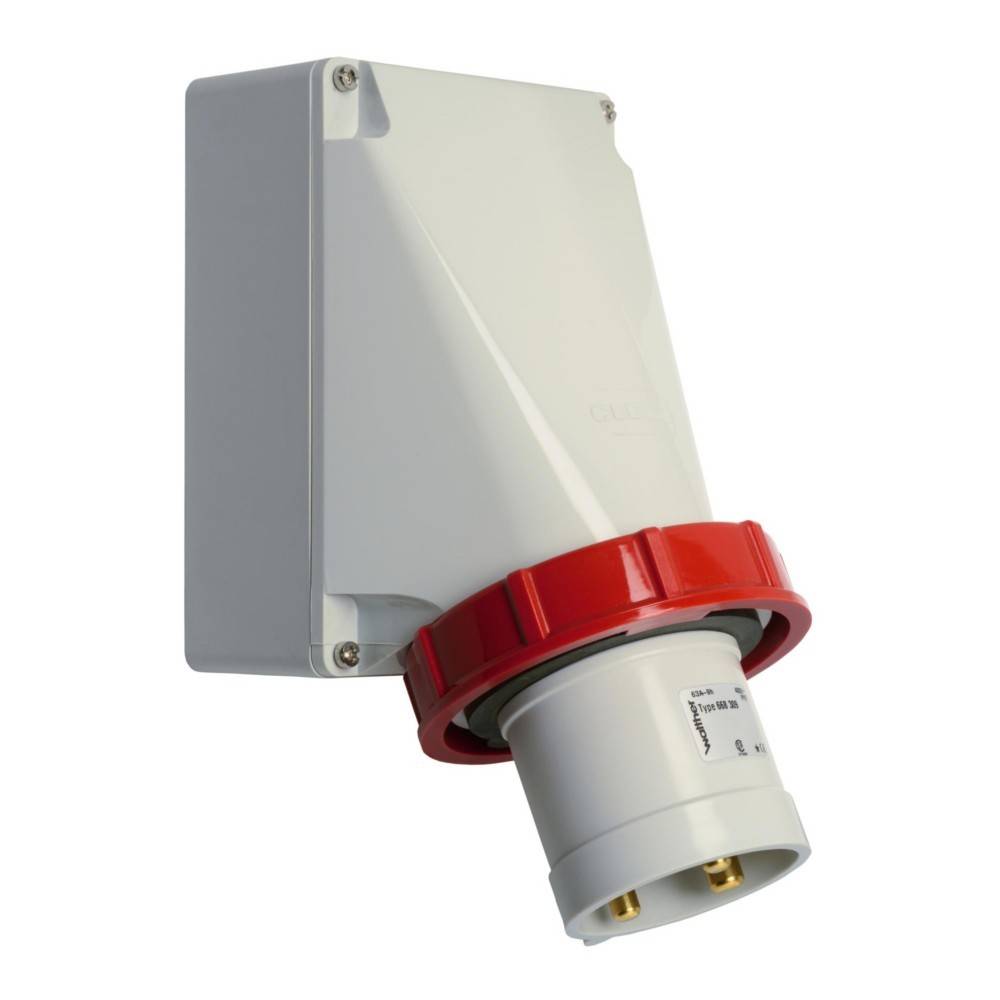 Industrielle Wandsteckdose mit roter Abdeckung und zwei runden Stiften, verwendet für elektrische Anschlüsse in industriellen Umgebungen.