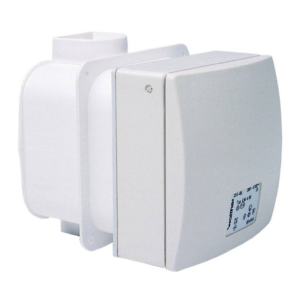 Ein quadratischer weißer Lüftungsventilator, von vorne und von der Seite betrachtet.