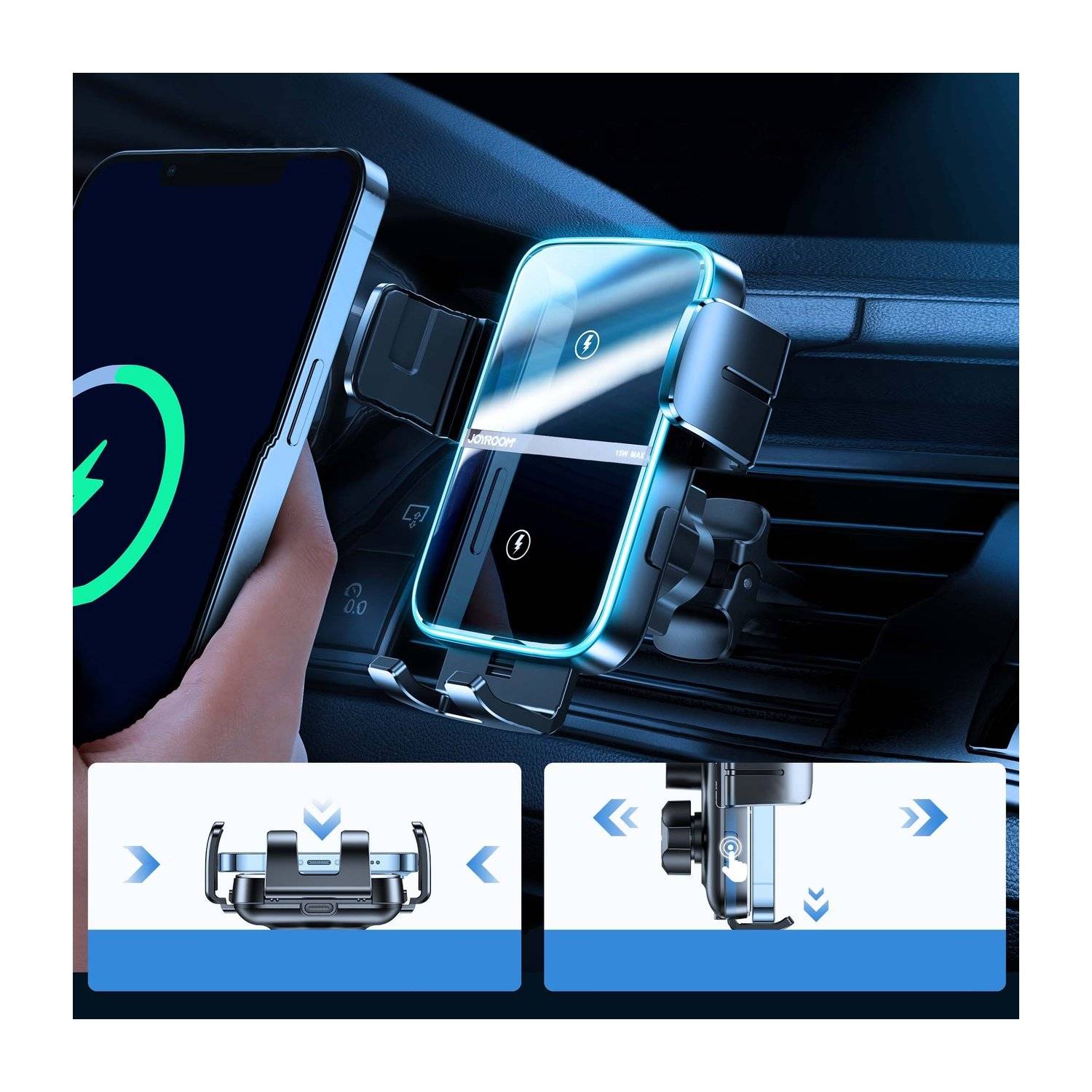 Joyroom JR-ZS246 15W Dual-Coil Wireless drahtloses Auto-Ladegerät Schnell-Ladegerät Handy-Halterung Schwarz