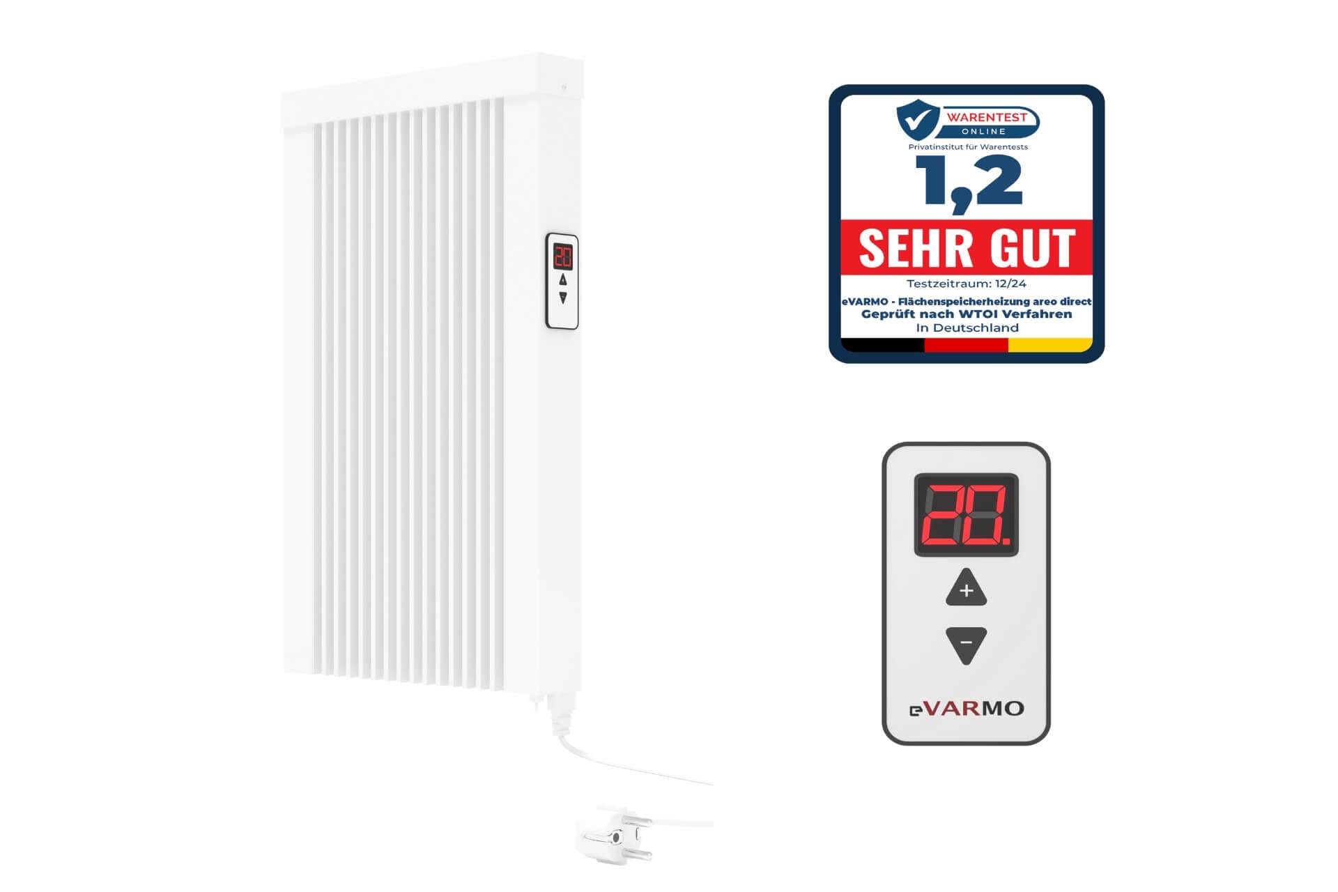 Elektroheizung areo direct Flächenspeicherheizung 650 Watt - simples Thermostat - Appsteuerung ohne Zusatzhardware möglich von eVARMO