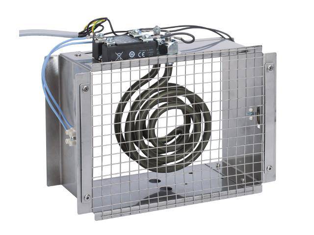 Ein Metalheizelement in einem schützenden Drahtgitter, ausgestattet mit elektrischer Verdrahtung oben, wahrscheinlich für industrielle Heizzwecke.
