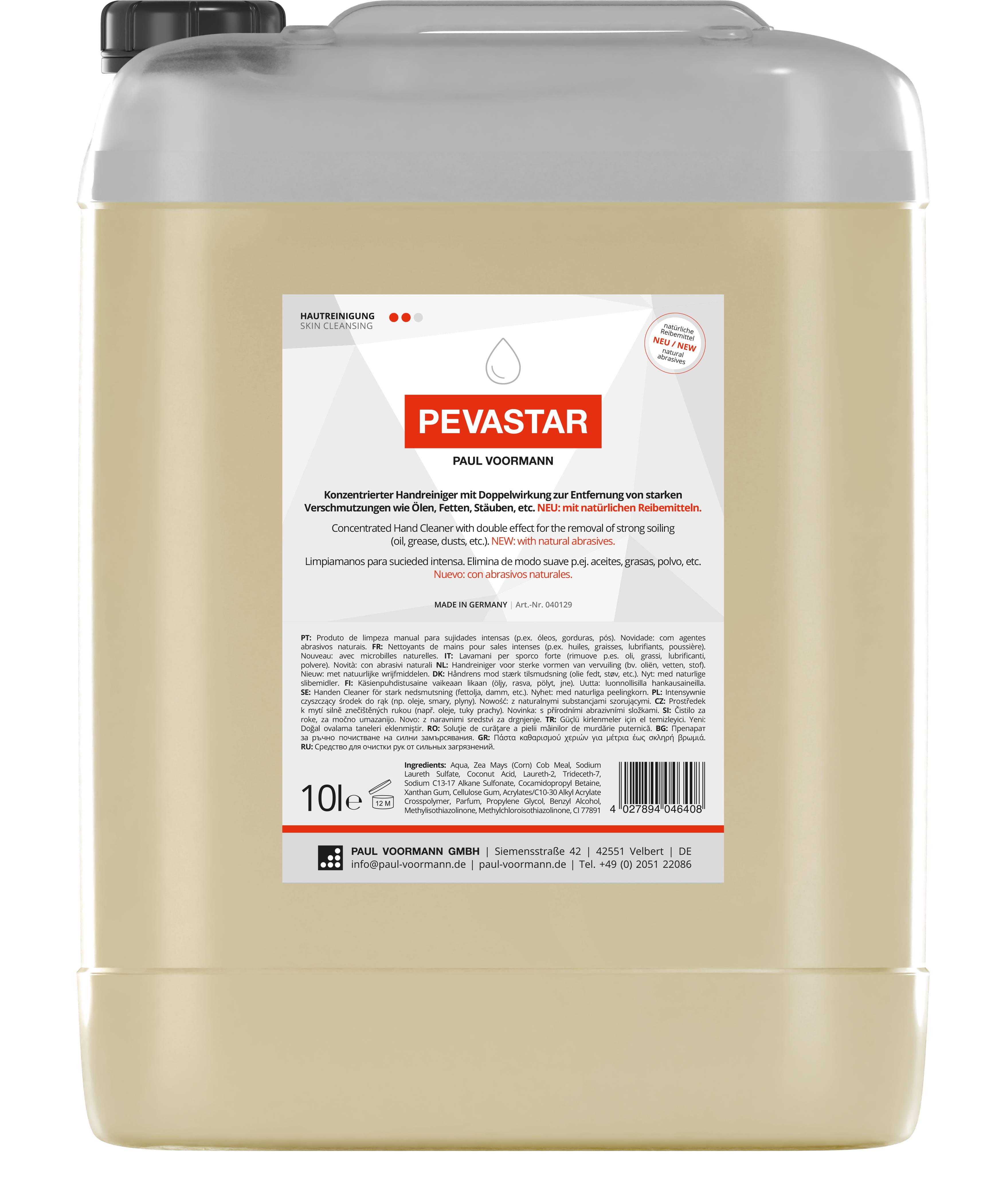 Pevastar - Konzentrierter Handreiniger mit Doppelwirkung und natürlichen Reibemitteln aus Maiskolbenmehl 10 L Kanister