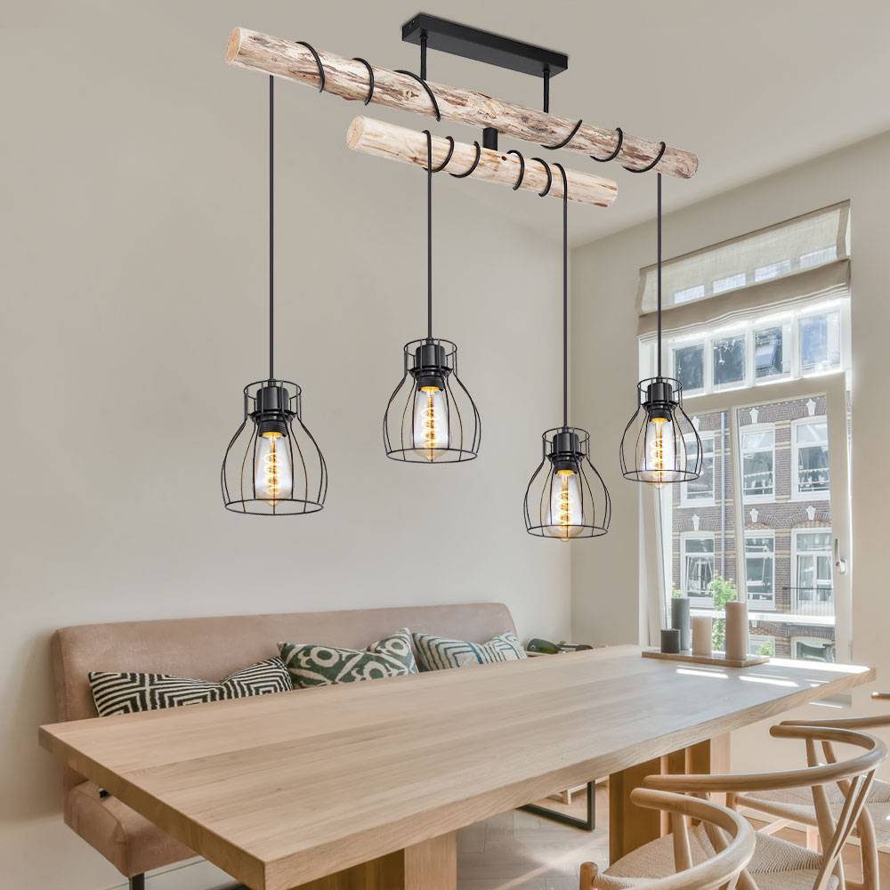 Hängeleuchte Holzbalken Holzleuchte 4 Flammig Esszimmerlampe Pendelleuchte Höhenverstellbar, Metall schwarz, 4x E27 Fassungen, LxBxH 90x14x100 cm