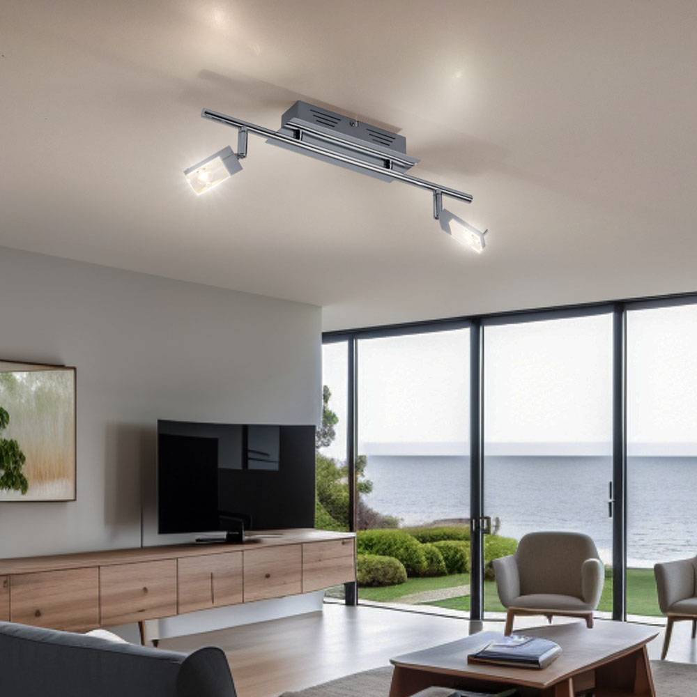 Deckenleuchte Deckenstrahler Wohnzimmer 2 flammig Deckenlampe zwei Strahler schwenkbar, Metall chrom, 2x LED 3W 170Lm warmweiß, LxBxH 44,5x17x17 cm