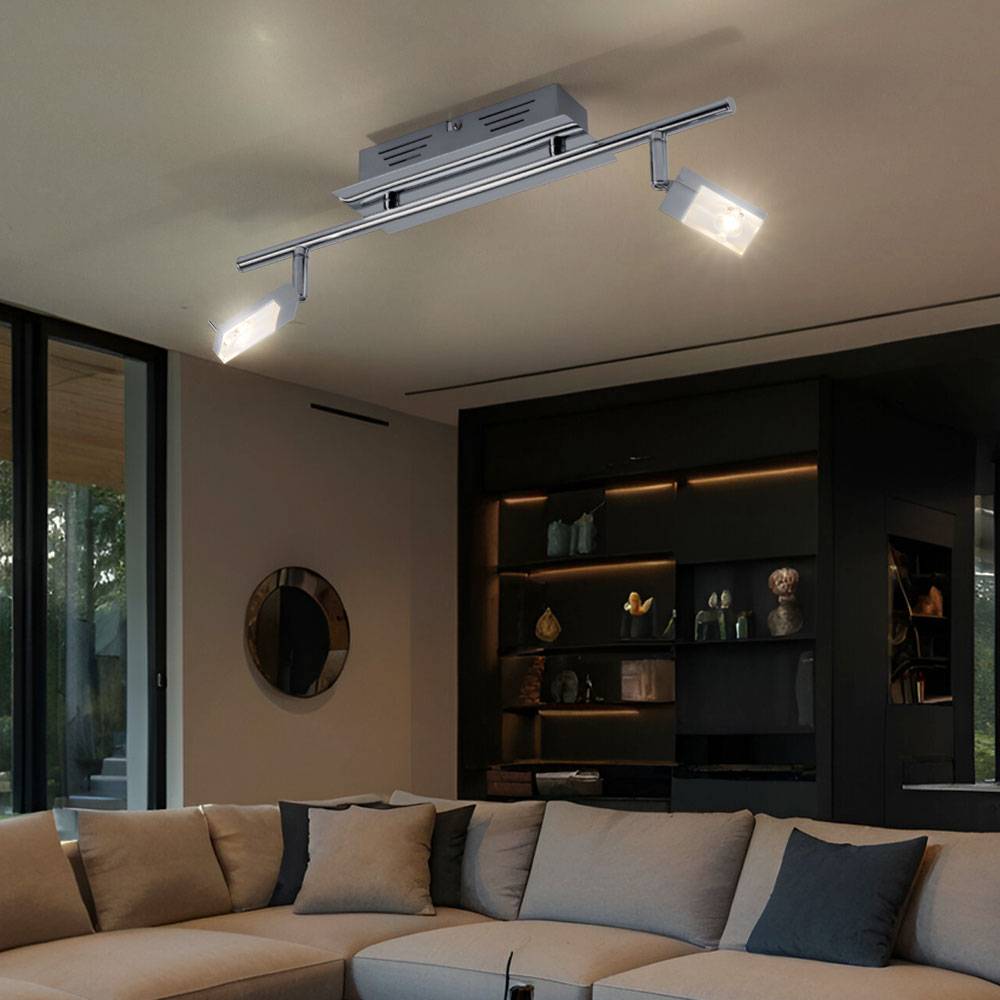 Deckenleuchte Deckenstrahler Wohnzimmer 2 flammig Deckenlampe zwei Strahler schwenkbar, Metall chrom, 2x LED 3W 170Lm warmweiß, LxBxH 44,5x17x17 cm
