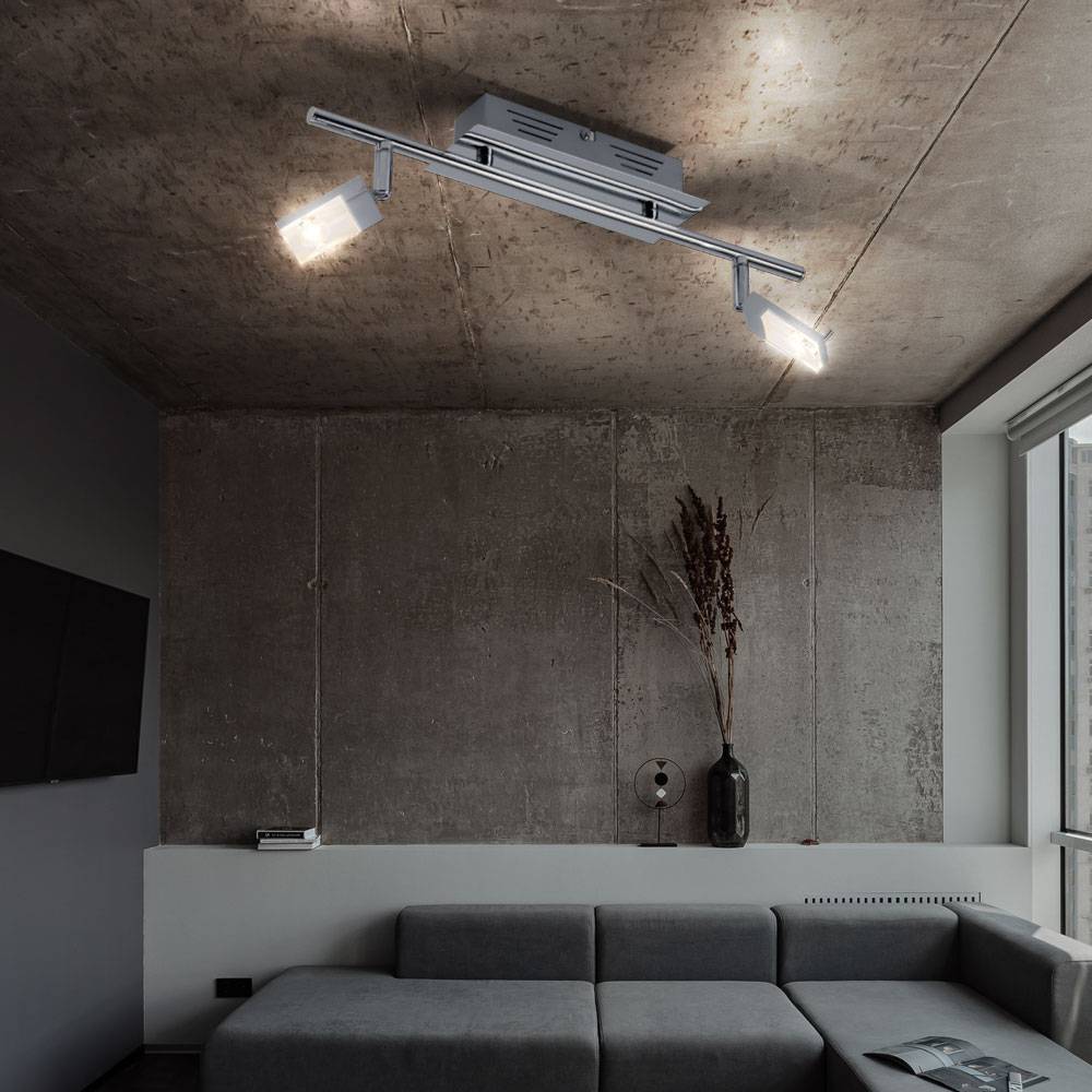 Deckenleuchte Deckenstrahler Wohnzimmer 2 flammig Deckenlampe zwei Strahler schwenkbar, Metall chrom, 2x LED 3W 170Lm warmweiß, LxBxH 44,5x17x17 cm