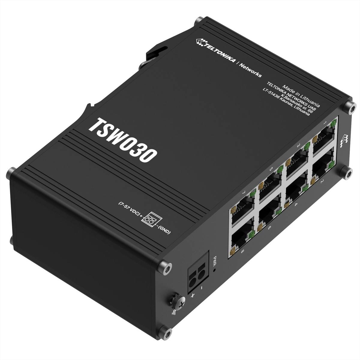 Schwarzer Teltonika Networks TSW030 Industrial-Ethernet-Switch mit acht RJ45-Anschlüssen auf der Frontplatte.
