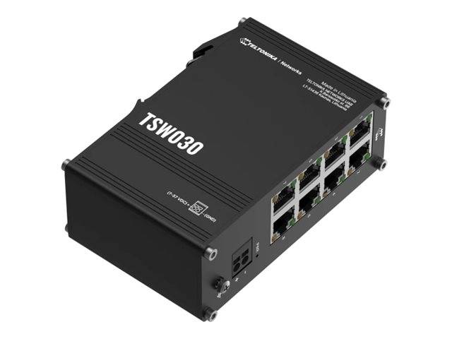 Schwarzer industrieller Ethernet-Schalter mit der Bezeichnung 