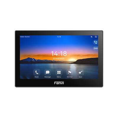 Fanvil Innenstation mit Touchscreen, die 14:18, 25. MÄR MO anzeigt, mit Wähler-, Nachricht-, Menü-, Monitor- und Türsymbolen über einem Sonnenuntergangssee-Hintergrund.