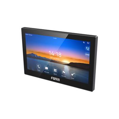 Ein wandmontiertes Fanvil-Touchscreen-Gegensprechanlage/Telefon mit einem Sonnenaufgang-Hintergrundbild, Zeit 14:18 und Anrufen-, Nachrichten-, Besprechungs-, Überwachungs- und Türkontrollen.