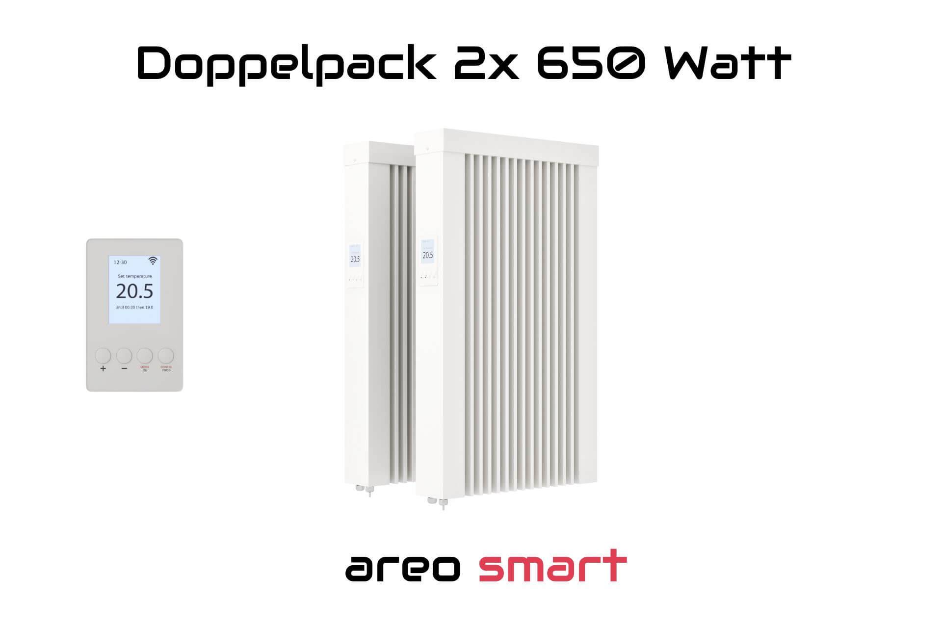 Elektroheizung Doppelpack 2x 650 Watt Flächenspeicherheizung areo smart - digitales Thermostat mit LCD-Display - Option zur Appsteuerung von eVARMO