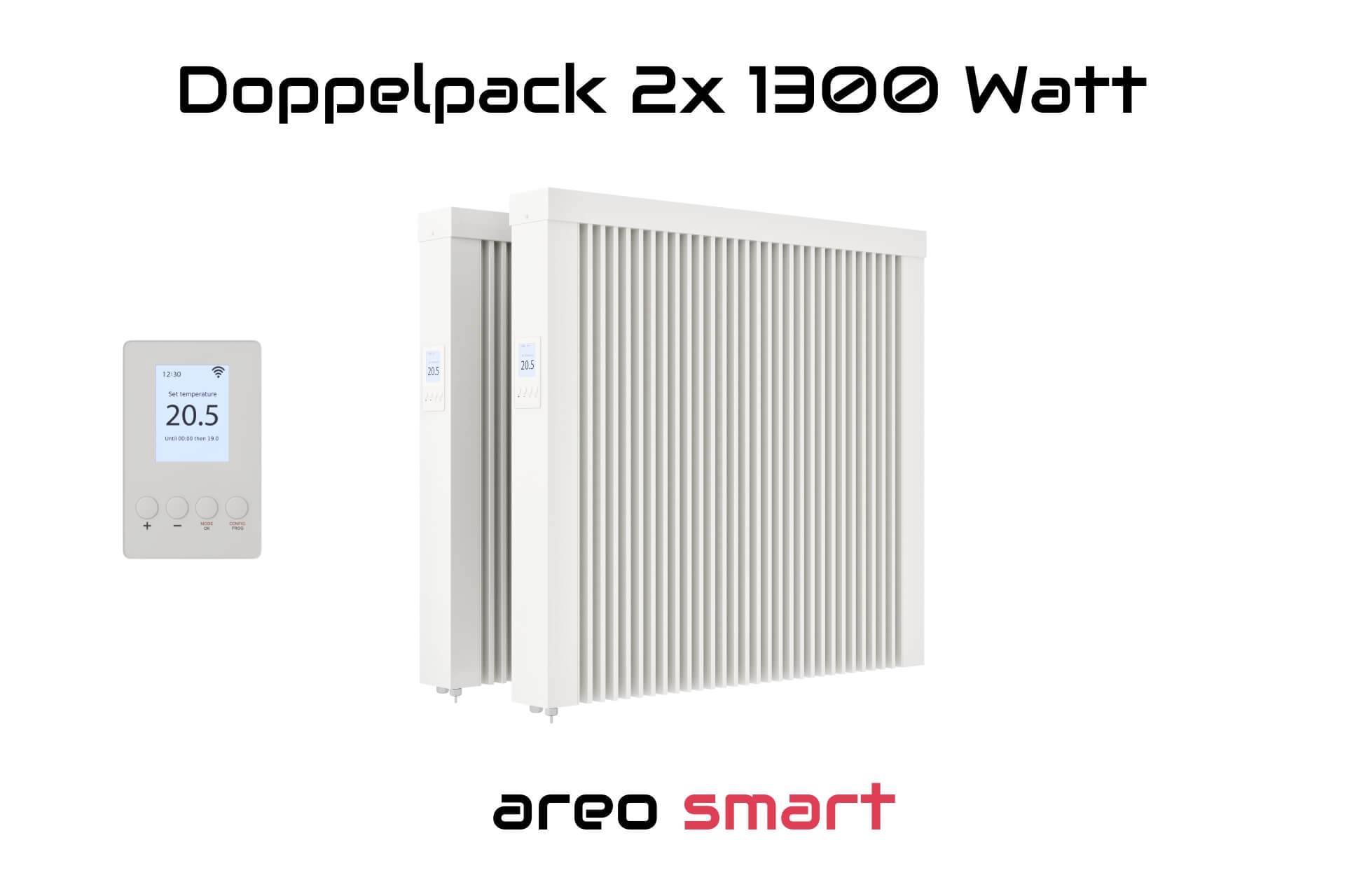 Elektroheizung Doppelpack 2x 1300 Watt Flächenspeicherheizung areo smart - digitales Thermostat mit LCD-Display - Option zur Appsteuerung von eVARMO