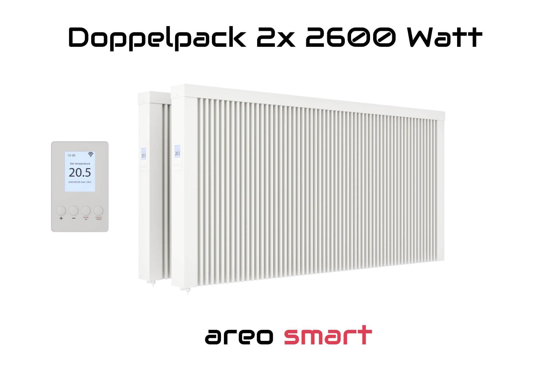 Elektroheizung Doppelpack 2x 2600 Watt Flächenspeicherheizung areo smart - digitales Thermostat mit LCD-Display - Option zur Appsteuerung von eVARMO