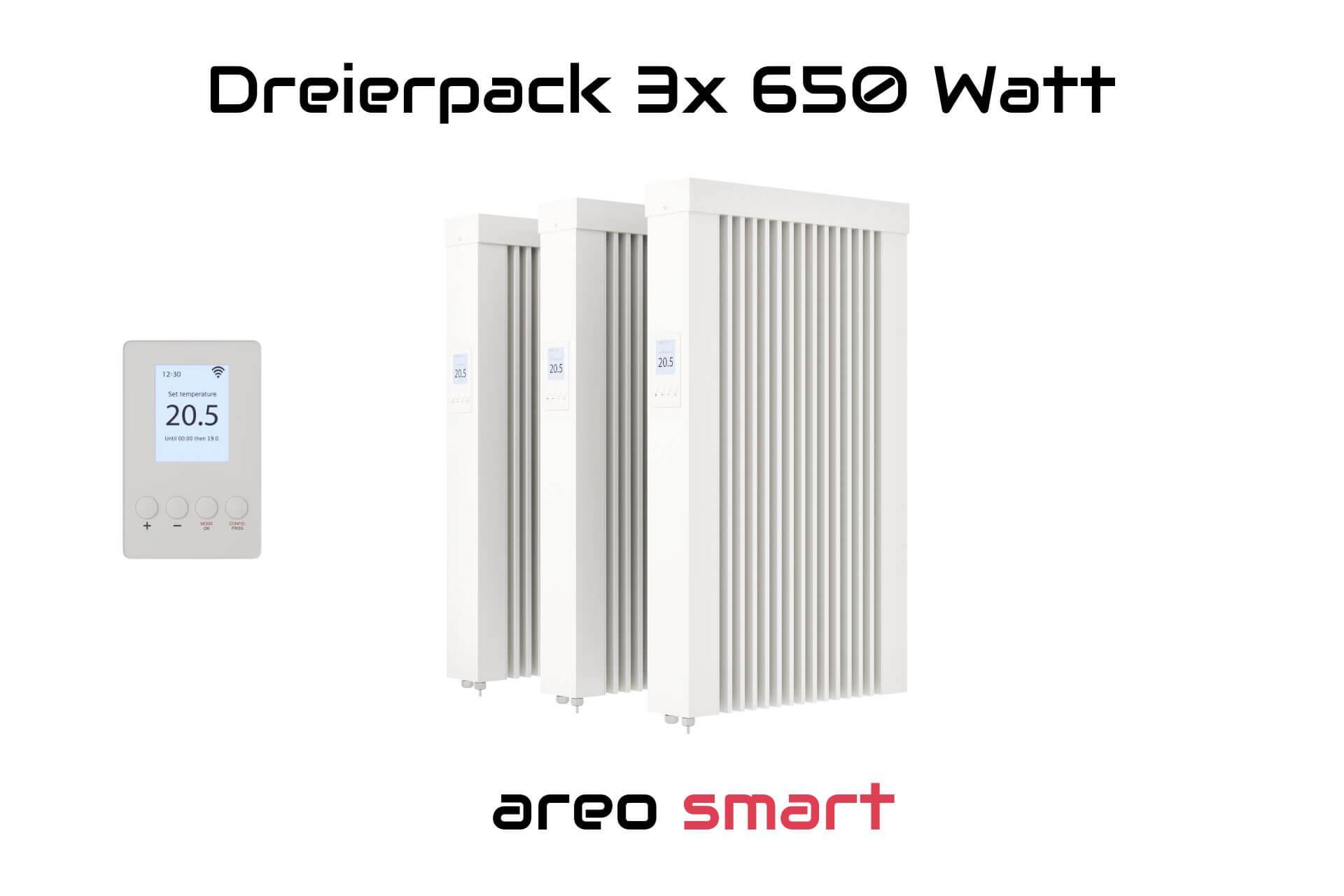 Elektroheizung Dreierpack 3x 650 Watt Flächenspeicherheizung areo smart - digitales Thermostat mit LCD-Display - Option zur Appsteuerung von eVARMO