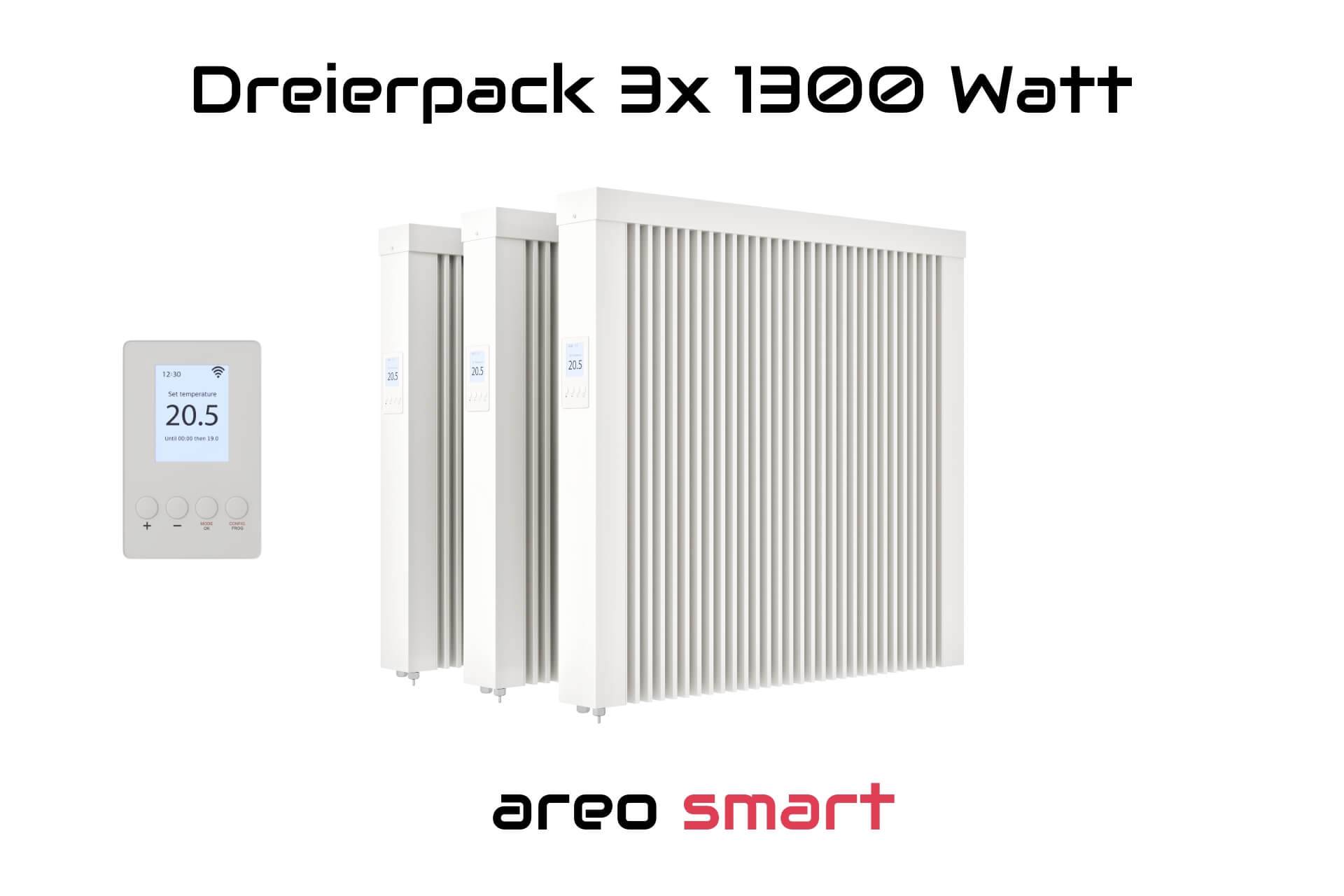 Elektroheizung Dreierpack 3x 1300 Watt Flächenspeicherheizung areo smart - digitales Thermostat mit LCD-Display - Option zur Appsteuerung von eVARMO