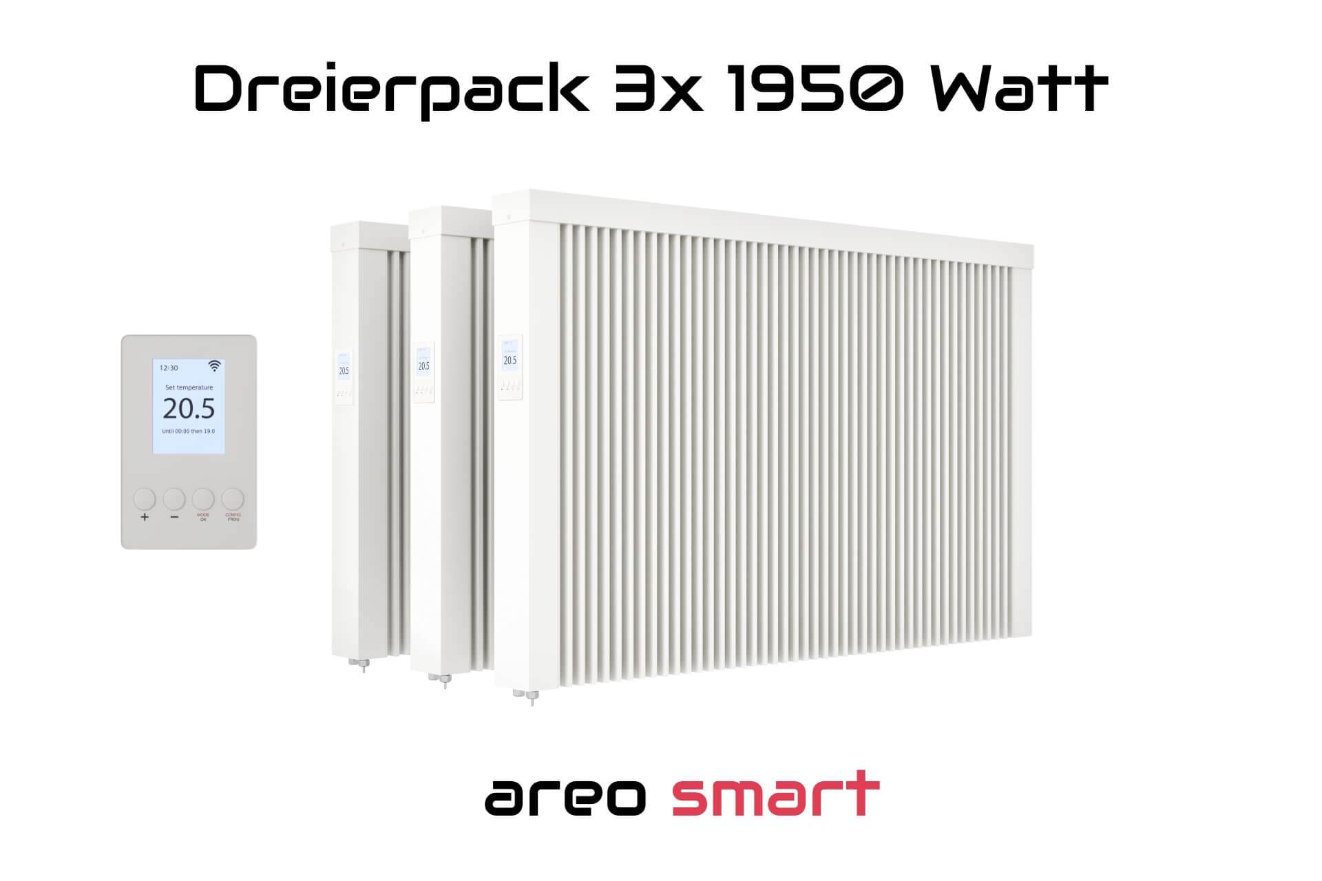 Elektroheizung Dreierpack 3x 1950 Watt Flächenspeicherheizung areo smart - digitales Thermostat mit LCD-Display - Option zur Appsteuerung von eVARMO