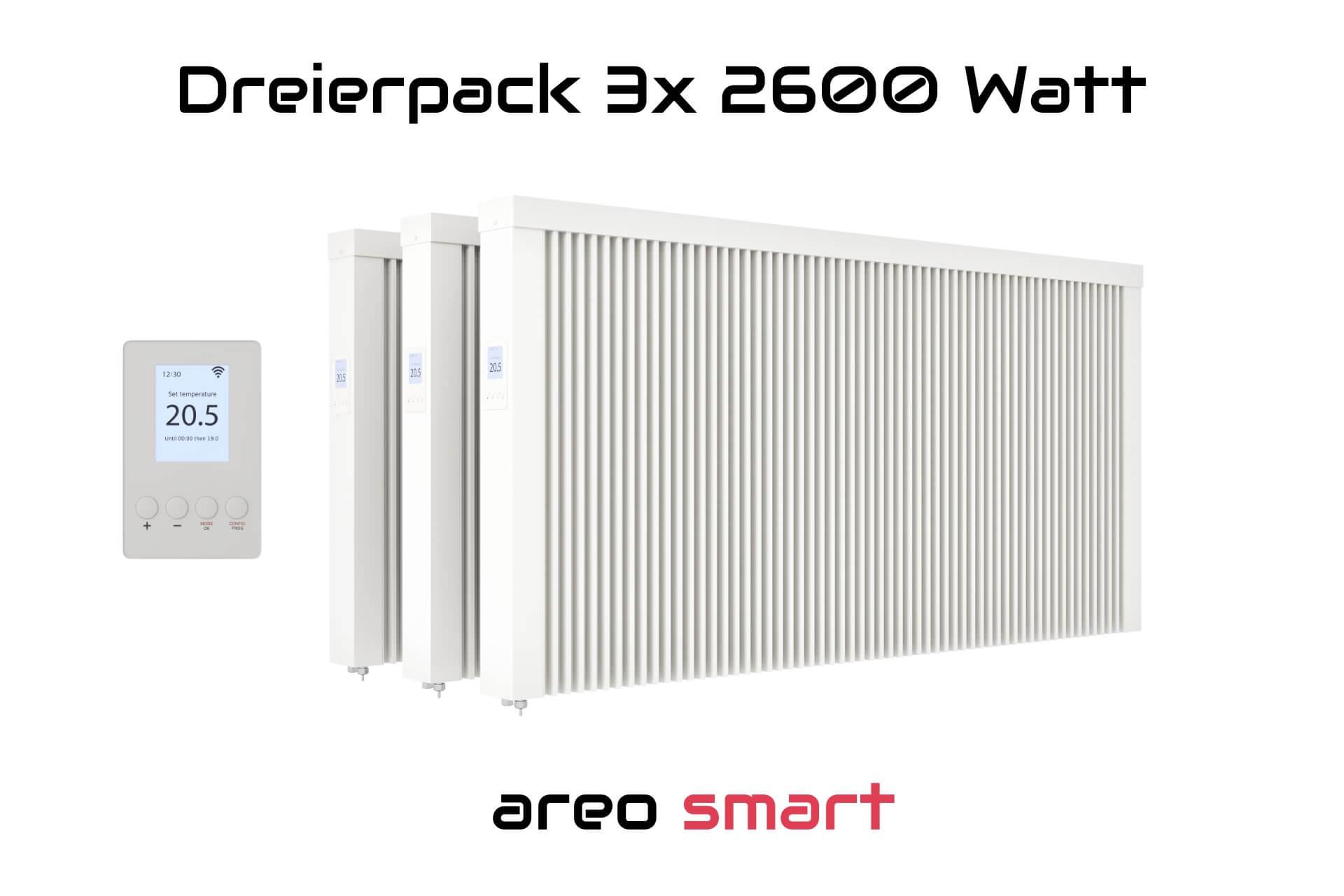 Elektroheizung Dreierpack 3x 2600 Watt Flächenspeicherheizung areo smart - digitales Thermostat mit LCD-Display - Option zur Appsteuerung von eVARMO