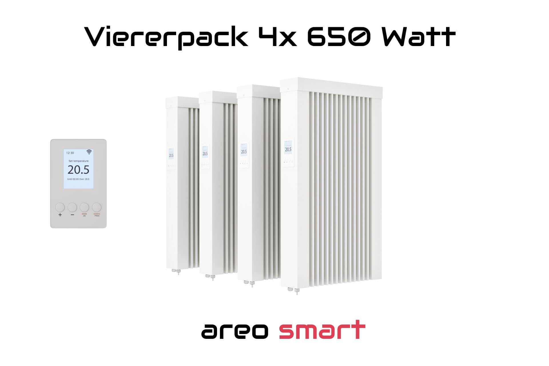 Elektroheizung Viererpack 4x 650 Watt Flächenspeicherheizung areo smart - digitales Thermostat mit LCD-Display - Option zur Appsteuerung von eVARMO