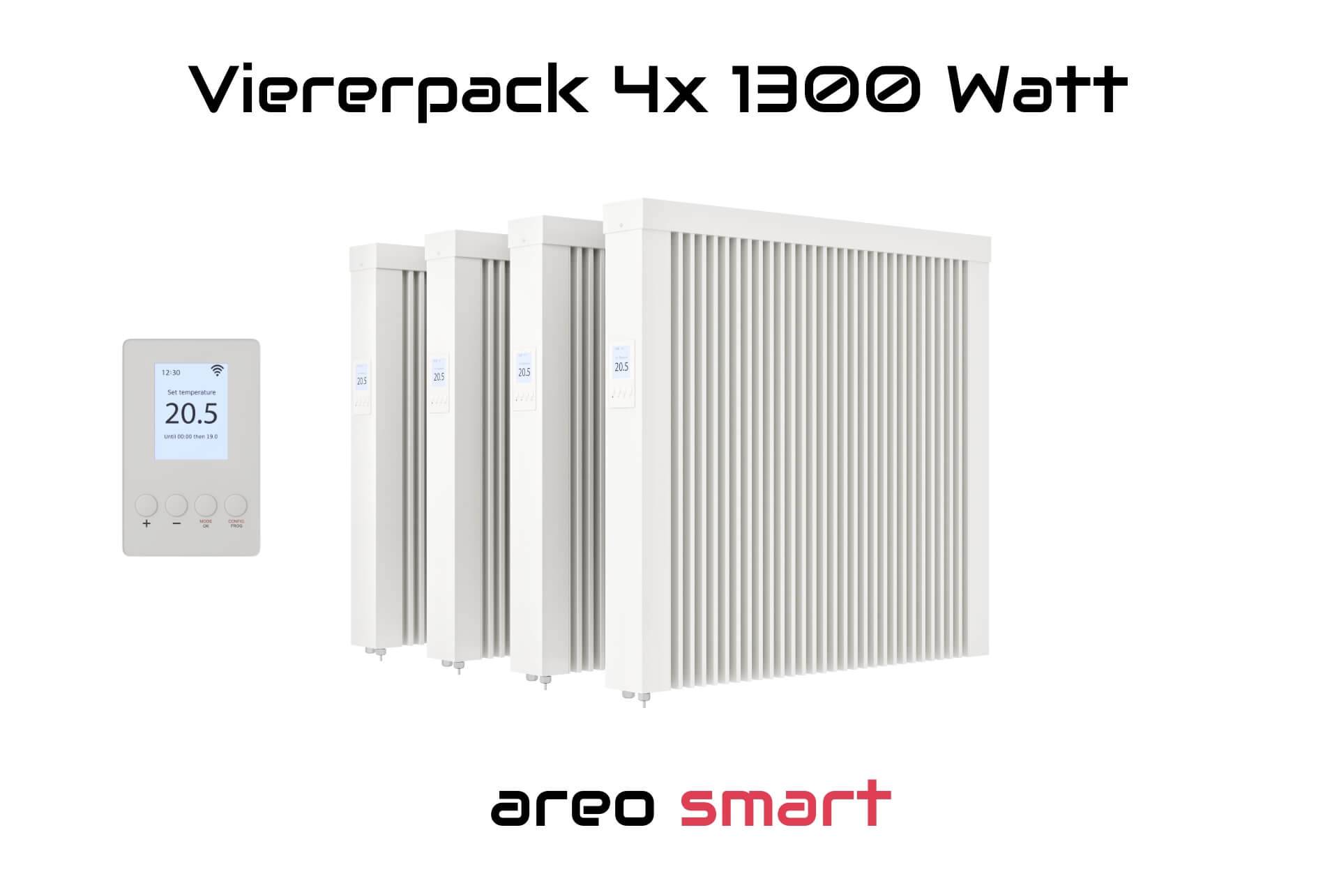 Elektroheizung Viererpack 4x 1300 Watt Flächenspeicherheizung areo smart - digitales Thermostat mit LCD-Display - Option zur Appsteuerung von eVARMO
